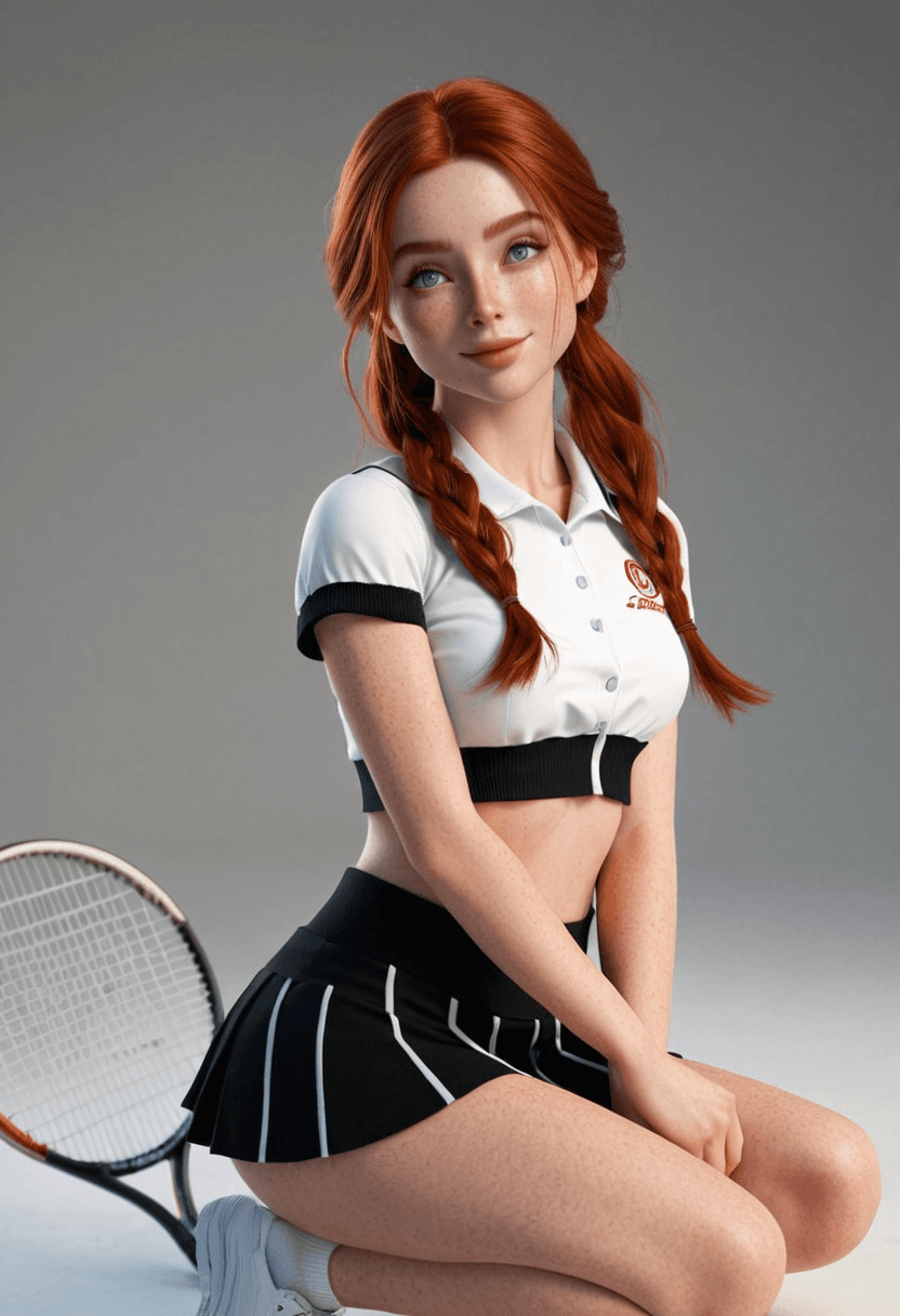 Wearing short black tennis skirt and a crop top shirt, portrait picture, looking at the viewer with a smile, squatting position, athletic pose