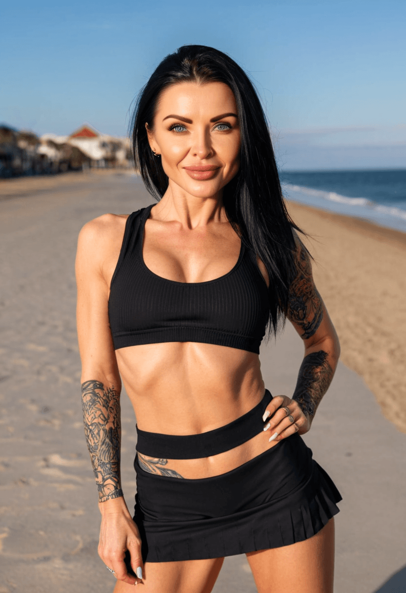Wearing short black tennis skirt and a crop top shirt, portrait picture, looking at the viewer with a smile, wearing a stylish bikini on the beach, working out at the gym, athletic activity, with artistic tattoos