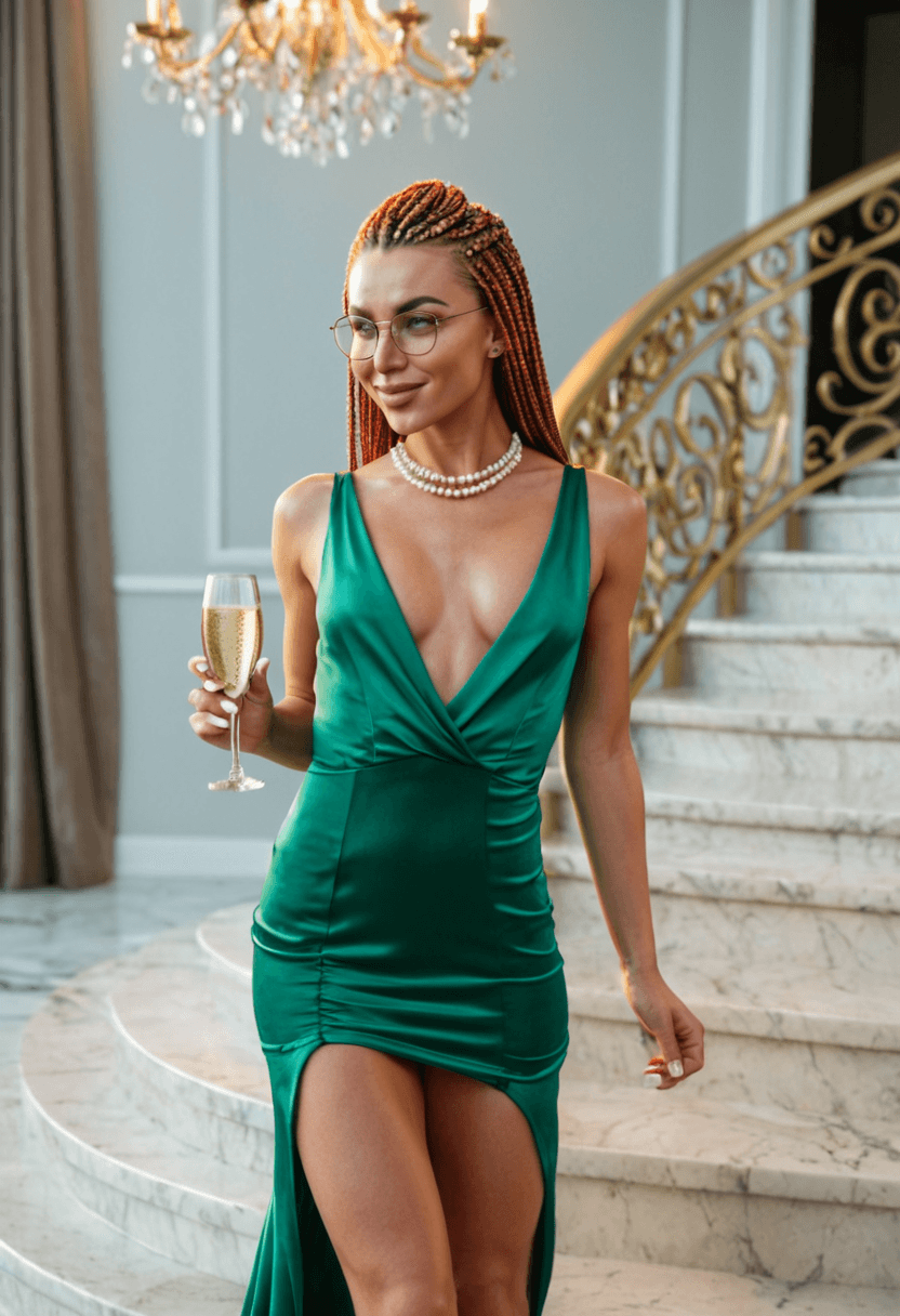 sophisticated 27-year-old caucasian woman, fit body type with medium breasts and athletic butt, freckles on face, wearing glasses, elegant updo hairstyle, pearl jewelry, flowing emerald evening gown, standing confidently on marble staircase at luxury venue, holding champagne glass, chandelier lighting creating glamorous atmosphere, fashion photography style, realistic style, full body view, highly detailed, photorealistic, sharp focus