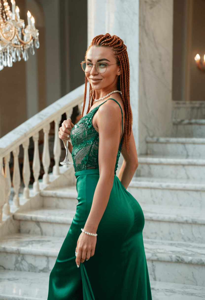 sophisticated 27-year-old caucasian woman, fit body type with medium breasts and athletic butt, freckles on face, wearing glasses, elegant updo hairstyle, pearl jewelry, flowing emerald evening gown, standing confidently on marble staircase at luxury venue, holding champagne glass, chandelier lighting creating glamorous atmosphere, fashion photography style, realistic style, full body view, highly detailed, photorealistic, sharp focus