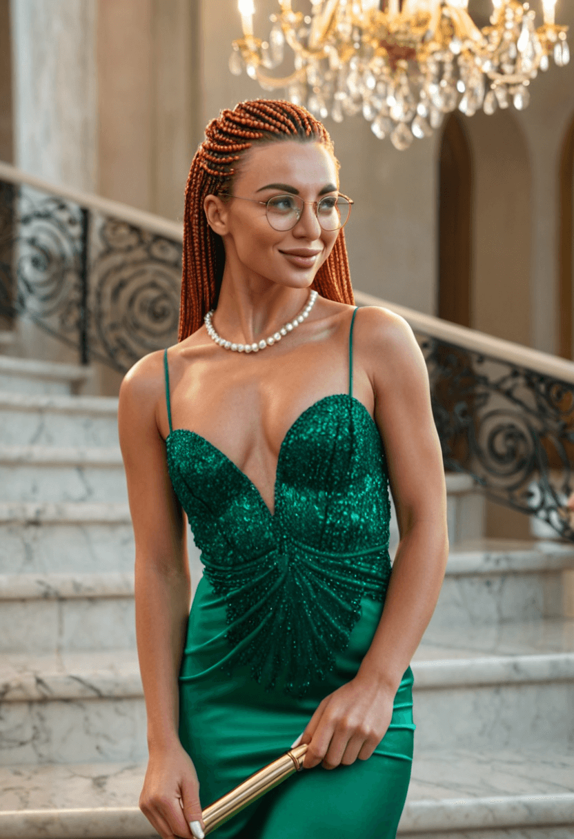 sophisticated 27-year-old caucasian woman, fit body type with medium breasts and athletic butt, freckles on face, wearing glasses, elegant updo hairstyle, pearl jewelry, flowing emerald evening gown, standing confidently on marble staircase at luxury venue, holding champagne glass, chandelier lighting creating glamorous atmosphere, fashion photography style, realistic style, full body view, highly detailed, photorealistic, sharp focus