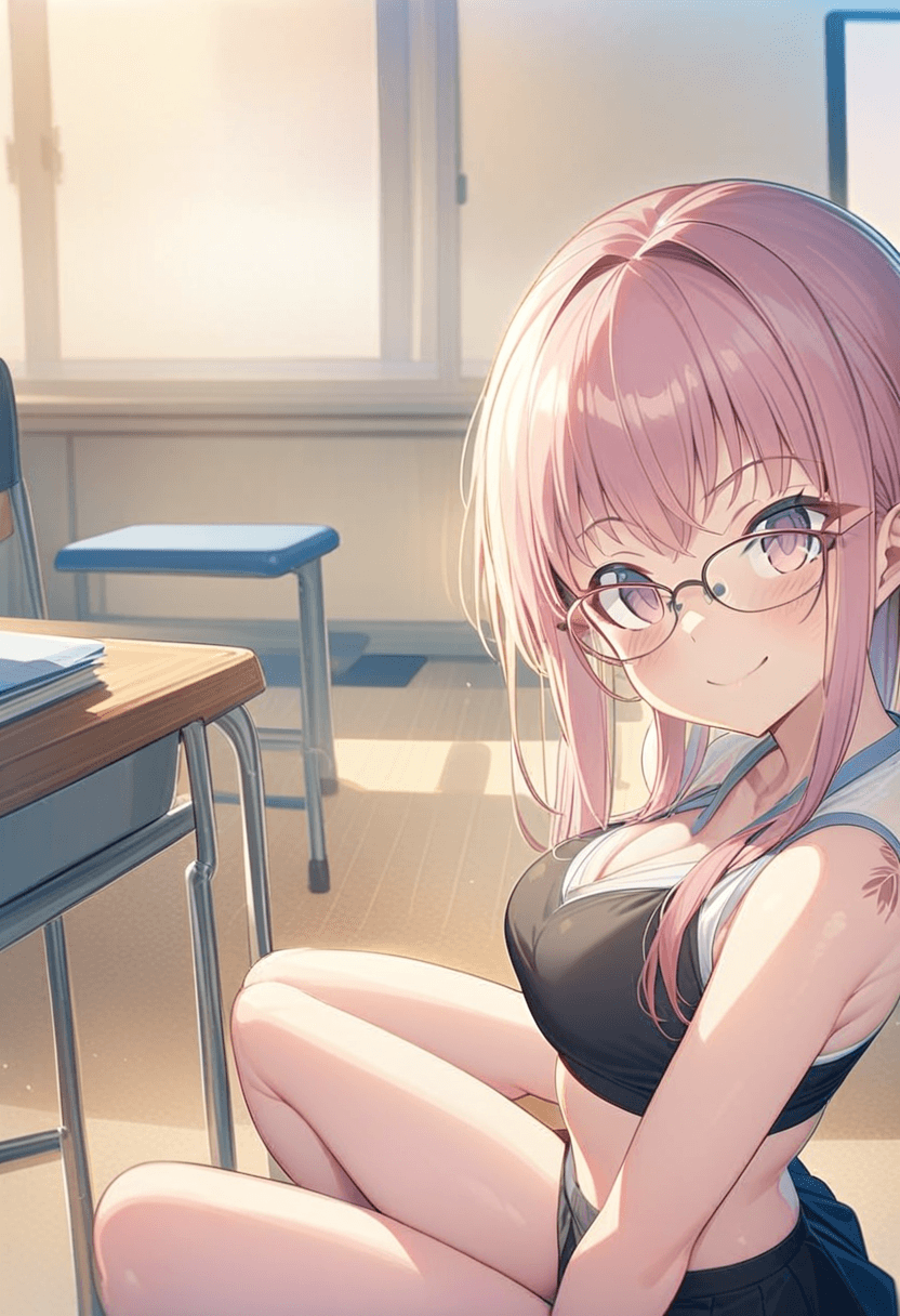 Wearing short black tennis skirt and a crop top shirt, portrait picture, looking at the viewer with a smile, wearing a stylish bikini on the beach, kneeling pose, elegant position, with artistic tattoos, in a classroom environment