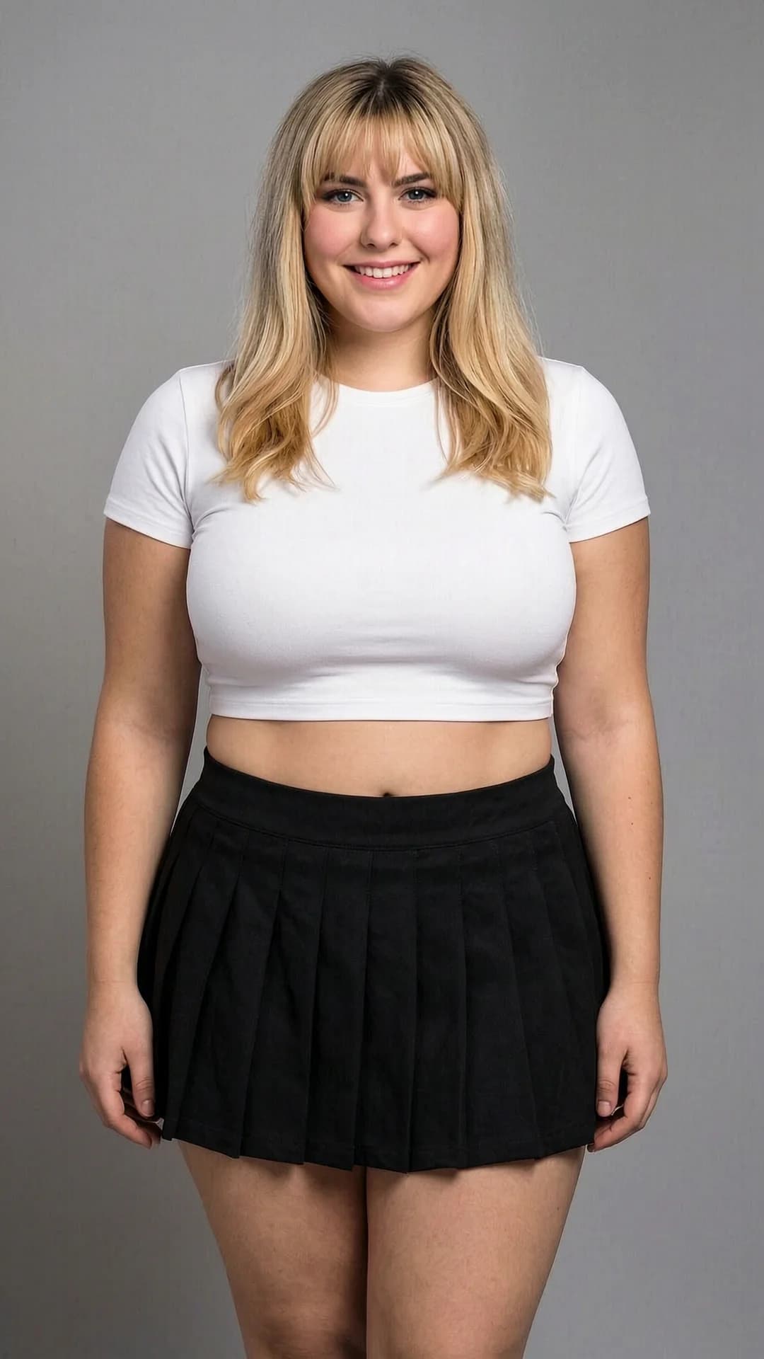 A 24-year-old chubby Caucasian woman with blonde hair featuring soft bangs framing her face and bright blue eyes, wearing a short black tennis skirt paired with a fitted white crop top shirt that reveals a sliver of soft midriff, standing in a confident portrait pose with shoulders slightly angled toward the viewer and hands resting lightly at her sides, direct eye contact with a warm genuine smile and parted lips, medium close-up from front angle with soft cinematic lighting highlighting her rounded cheeks and natural curves, realistic style emphasizing fabric texture on the pleated mini skirt and stretchy crop top, soft body physics with gentle skin folds and plush proportions, cheerful mood, Flawless anatomy, no extra digits, no extra limbs, realistic skin texture, high-detail.
