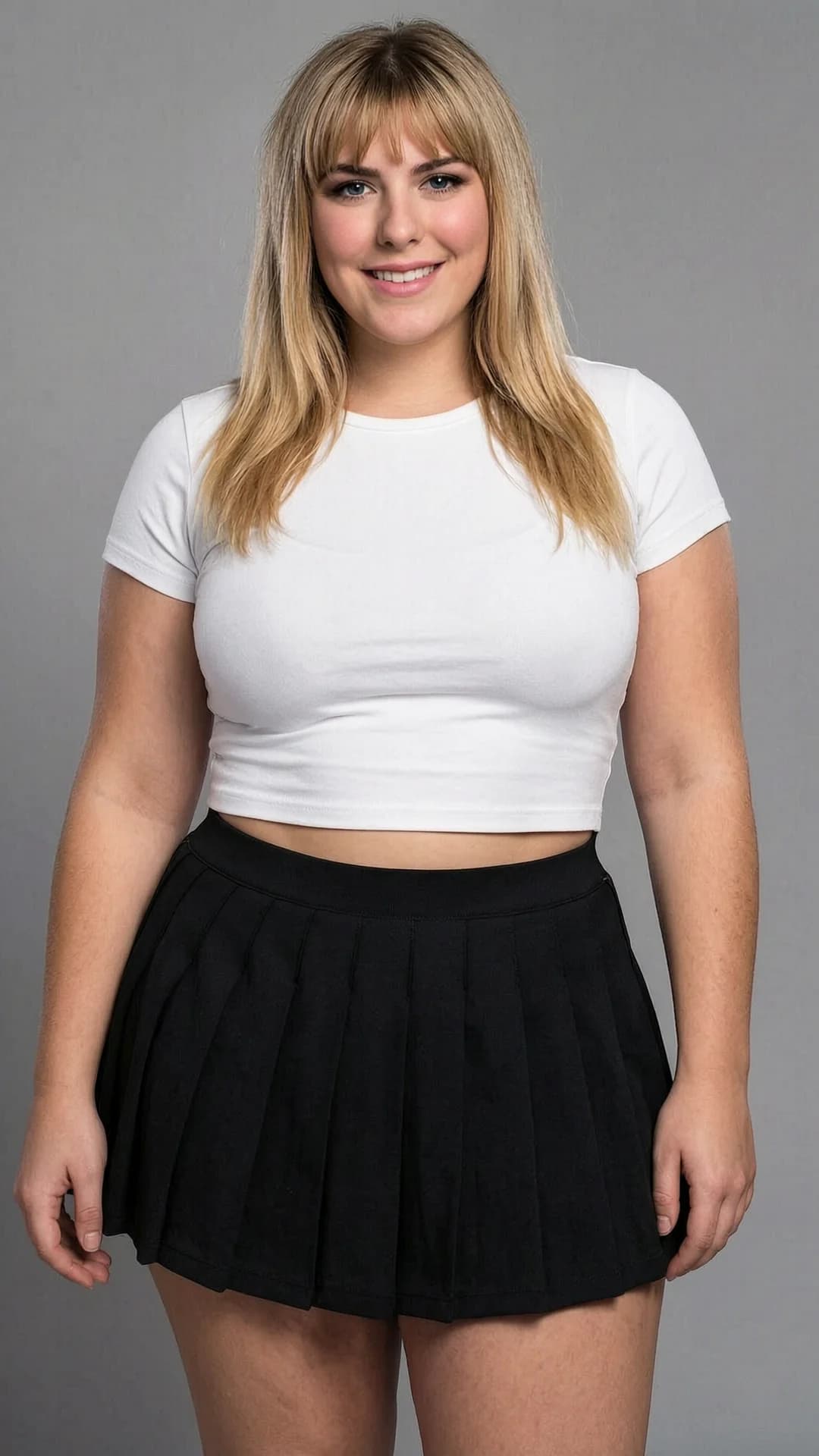 A 24-year-old chubby Caucasian woman with blonde hair featuring soft bangs framing her face and bright blue eyes, wearing a short black tennis skirt paired with a fitted white crop top shirt that reveals a sliver of soft midriff, standing in a confident portrait pose with shoulders slightly angled toward the viewer and hands resting lightly at her sides, direct eye contact with a warm genuine smile and parted lips, medium close-up from front angle with soft cinematic lighting highlighting her rounded cheeks and natural curves, realistic style emphasizing fabric texture on the pleated mini skirt and stretchy crop top, soft body physics with gentle skin folds and plush proportions, cheerful mood, Flawless anatomy, no extra digits, no extra limbs, realistic skin texture, high-detail.