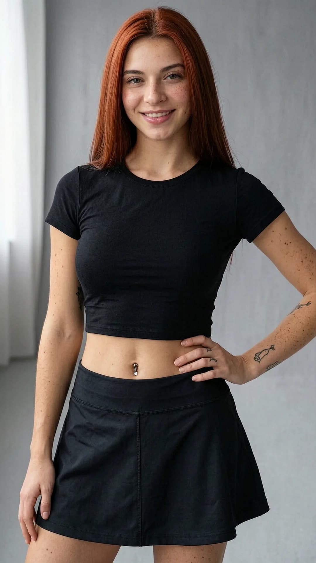 21-year-old Caucasian woman with straight red hair, green eyes, fit athletic body, freckles across her cheeks and shoulders, visible belly piercings and tattoos, wearing a short black tennis skirt paired with a tight crop top shirt that exposes her midriff, standing in a neutral indoor setting with soft natural window lighting, close-up portrait from direct front angle at eye level, body slightly angled with one hand on hip, intense direct eye contact with the viewer and a warm genuine smile, lips parted, realistic skin texture and subtle sheen, Flawless anatomy, no extra digits, no extra limbs, realistic skin texture, high-detail.