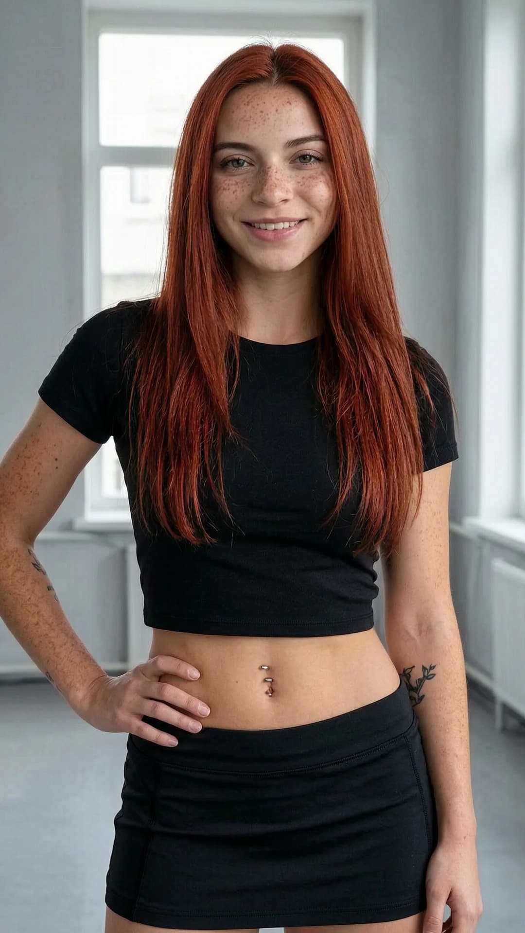 21-year-old Caucasian woman with straight red hair, green eyes, fit athletic body, freckles across her cheeks and shoulders, visible belly piercings and tattoos, wearing a short black tennis skirt paired with a tight crop top shirt that exposes her midriff, standing in a neutral indoor setting with soft natural window lighting, close-up portrait from direct front angle at eye level, body slightly angled with one hand on hip, intense direct eye contact with the viewer and a warm genuine smile, lips parted, realistic skin texture and subtle sheen, Flawless anatomy, no extra digits, no extra limbs, realistic skin texture, high-detail.