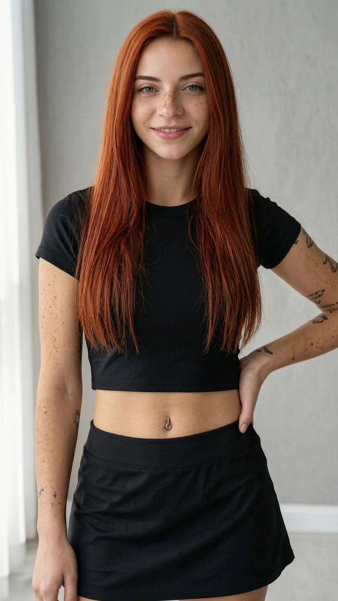 21-year-old Caucasian woman with straight red hair, green eyes, fit athletic body, freckles across her cheeks and shoulders, visible belly piercings and tattoos, wearing a short black tennis skirt paired with a tight crop top shirt that exposes her midriff, standing in a neutral indoor setting with soft natural window lighting, close-up portrait from direct front angle at eye level, body slightly angled with one hand on hip, intense direct eye contact with the viewer and a warm genuine smile, lips parted, realistic skin texture and subtle sheen, Flawless anatomy, no extra digits, no extra limbs, realistic skin texture, high-detail.