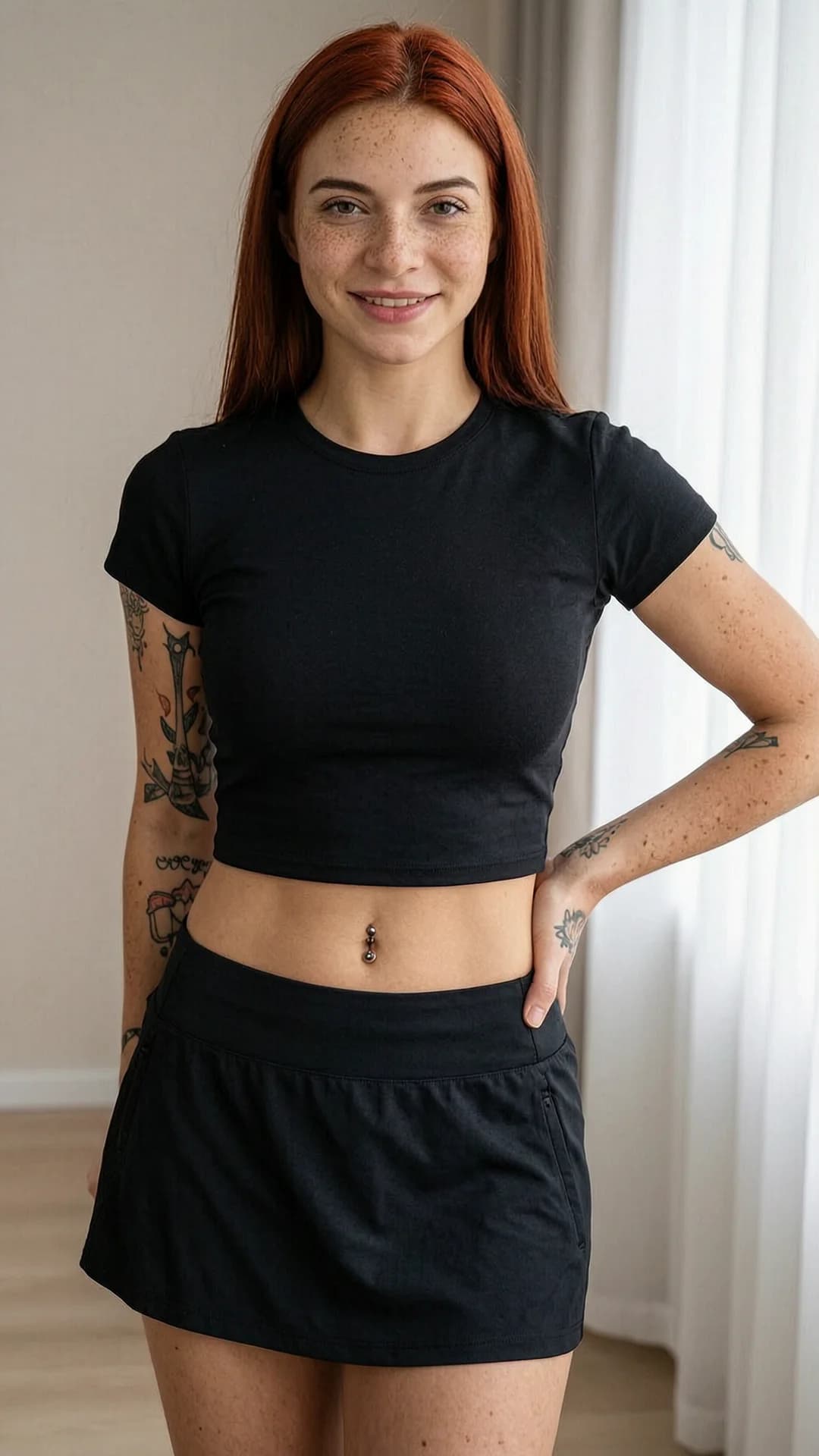 21-year-old Caucasian woman with straight red hair, green eyes, fit athletic body, freckles across her cheeks and shoulders, visible belly piercings and tattoos, wearing a short black tennis skirt paired with a tight crop top shirt that exposes her midriff, standing in a neutral indoor setting with soft natural window lighting, close-up portrait from direct front angle at eye level, body slightly angled with one hand on hip, intense direct eye contact with the viewer and a warm genuine smile, lips parted, realistic skin texture and subtle sheen, Flawless anatomy, no extra digits, no extra limbs, realistic skin texture, high-detail.