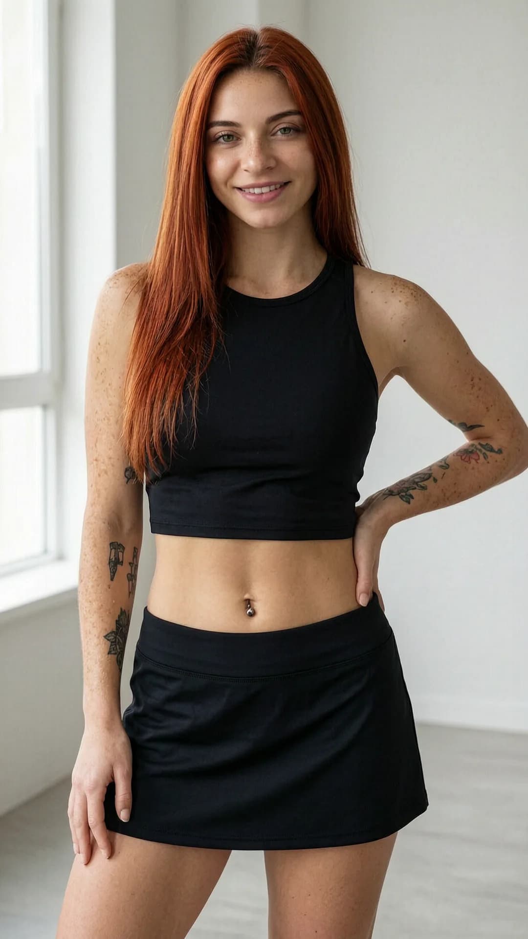 21-year-old Caucasian woman with straight red hair, green eyes, fit athletic body, freckles across her cheeks and shoulders, visible belly piercings and tattoos, wearing a short black tennis skirt paired with a tight crop top shirt that exposes her midriff, standing in a neutral indoor setting with soft natural window lighting, close-up portrait from direct front angle at eye level, body slightly angled with one hand on hip, intense direct eye contact with the viewer and a warm genuine smile, lips parted, realistic skin texture and subtle sheen, Flawless anatomy, no extra digits, no extra limbs, realistic skin texture, high-detail.