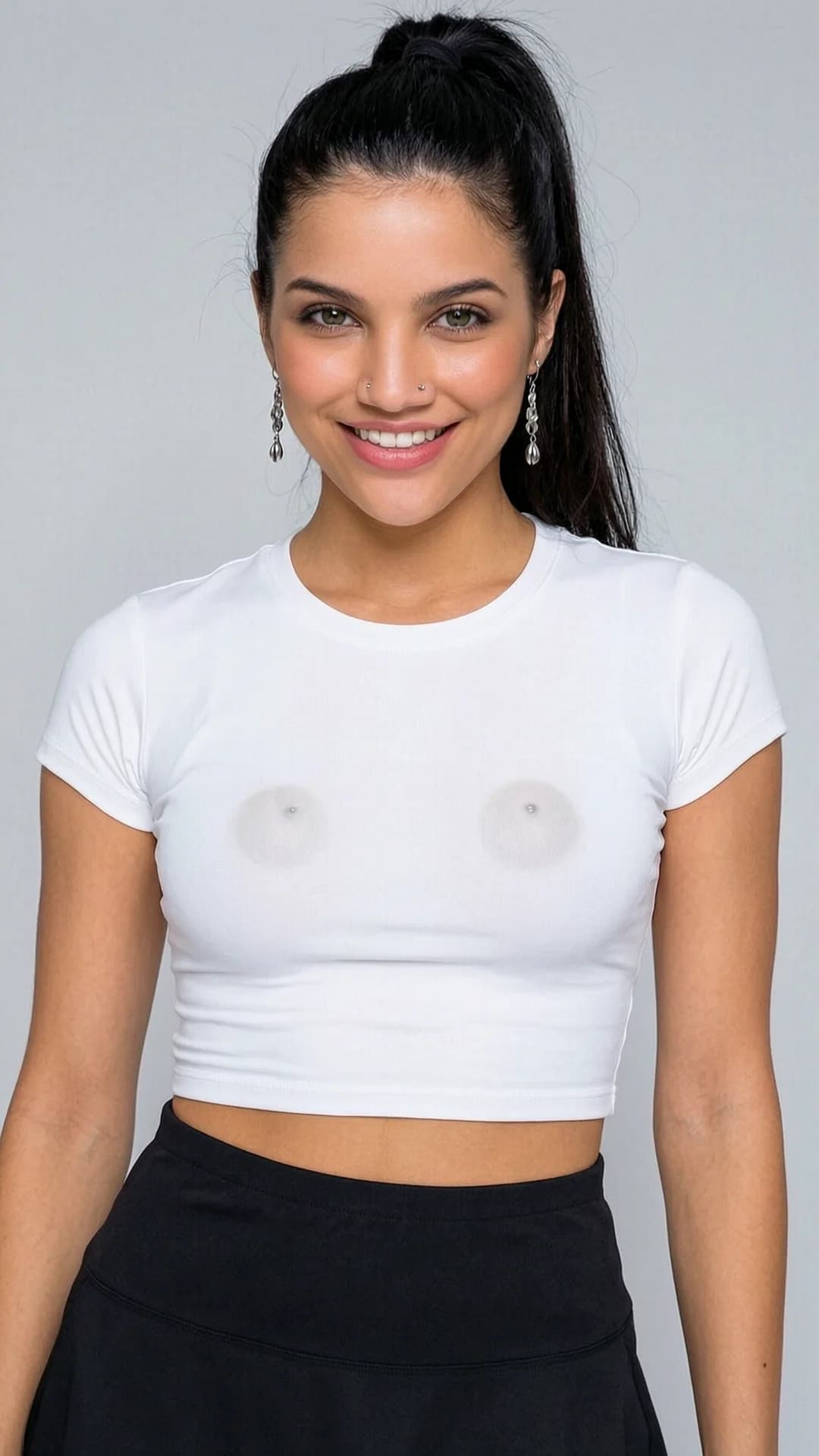 24-year-old Caucasian woman with black hair in a high ponytail, striking green eyes, fit toned athletic body and smooth skin, wearing a short black tennis skirt paired with a tight white crop top shirt that clings to her curves and reveals subtle nipple piercings through the fabric along with beautiful dangling earrings, standing in a confident upright pose with shoulders squared and hips slightly tilted, captured in a tight close-up portrait from direct front eye-level angle with flawless framing, gazing straight at the viewer with a bright genuine smile, warm inviting eye contact and parted lips, soft natural daylight illuminating her features and creating gentle highlights on her skin, realistic style, Flawless anatomy, no extra digits, no extra limbs, realistic skin texture, high-detail.