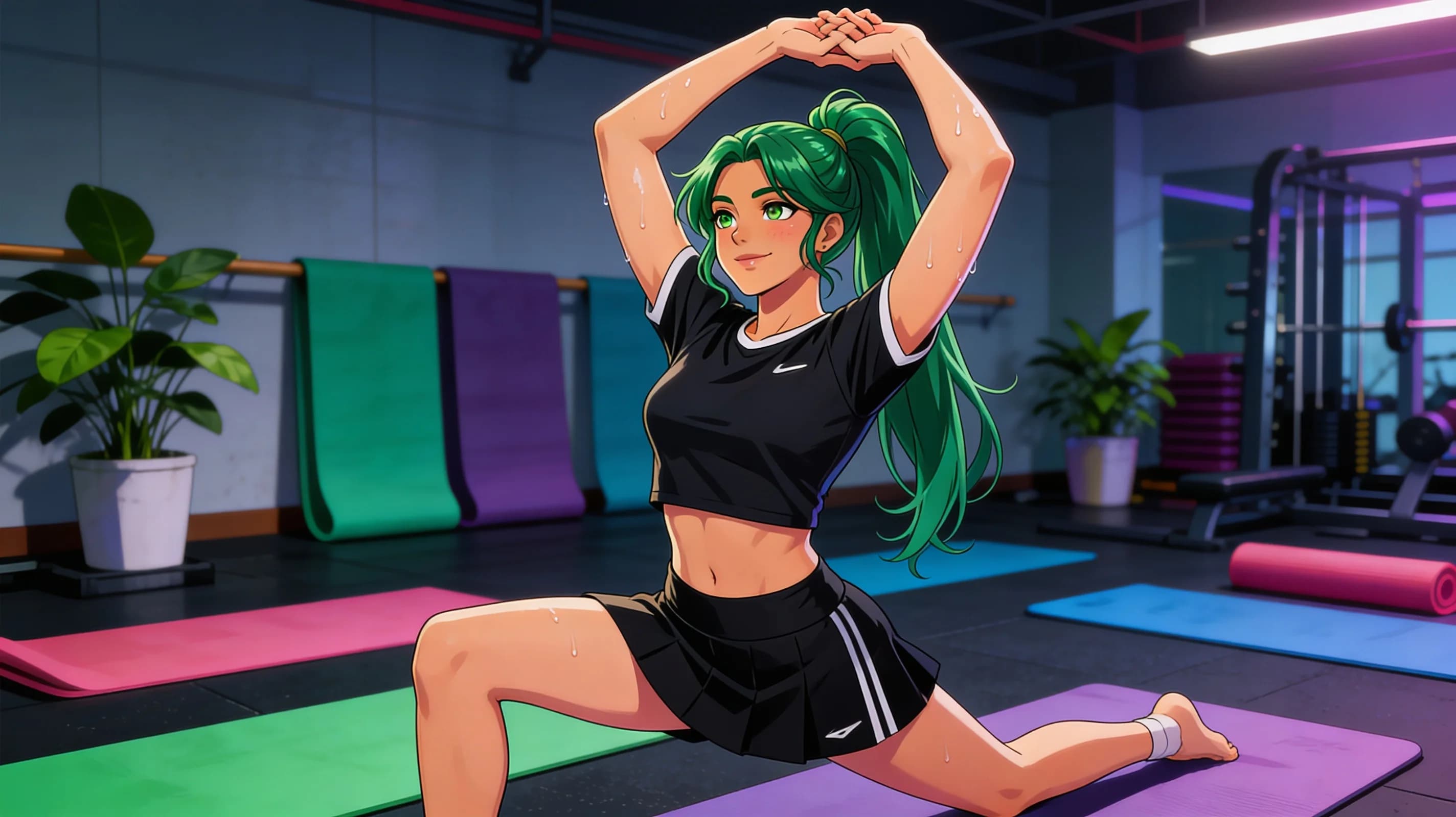 24-year-old Latina woman with green hair in a ponytail, green eyes, fit body type, wearing a short black tennis skirt and a crop top shirt, standing in a modern fitness gym mid-athletic workout with sweat drops trailing down her skin and a light sheen across her exposed midriff, crop top fabric clinging to naturally positioned breasts with subtle bounce from movement, close-up portrait from frontal angle with direct eye contact and a bright smile, lips curved in a friendly expression, standing with slight head tilt and relaxed shoulders, vibrant atmospheric lighting highlighting natural clothing folds and sweat, cheerful mood, blush marks on cheeks from exertion, anime style, high-quality illustration. Flawless anatomy, no extra digits, no extra limbs, detailed anime shading, high-quality illustration.