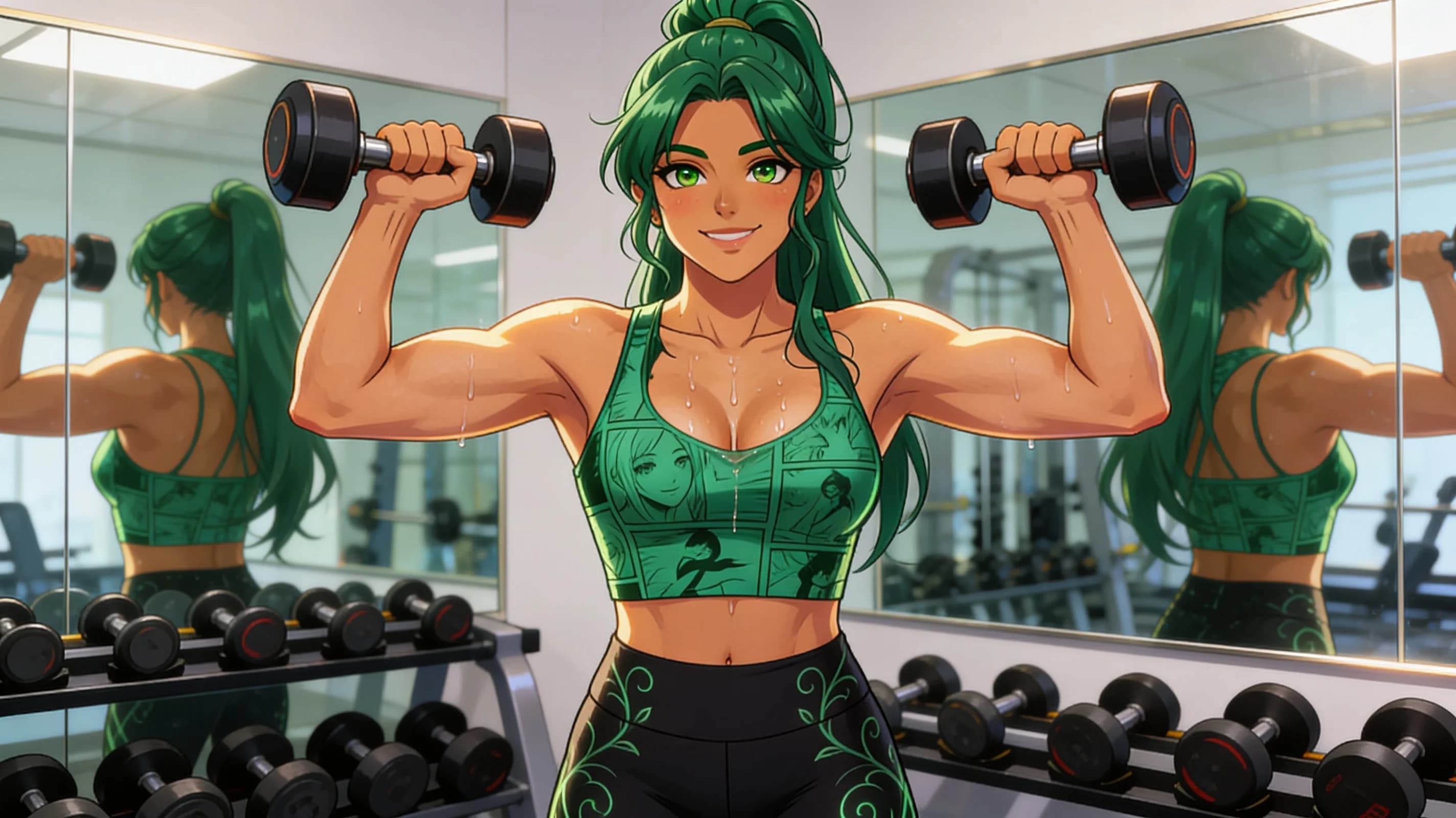 24-year-old Latina woman with green hair in a ponytail, green eyes, fit body type, wearing a short black tennis skirt and a crop top shirt, standing in a modern fitness gym mid-athletic workout with sweat drops trailing down her skin and a light sheen across her exposed midriff, crop top fabric clinging to naturally positioned breasts with subtle bounce from movement, close-up portrait from frontal angle with direct eye contact and a bright smile, lips curved in a friendly expression, standing with slight head tilt and relaxed shoulders, vibrant atmospheric lighting highlighting natural clothing folds and sweat, cheerful mood, blush marks on cheeks from exertion, anime style, high-quality illustration. Flawless anatomy, no extra digits, no extra limbs, detailed anime shading, high-quality illustration.