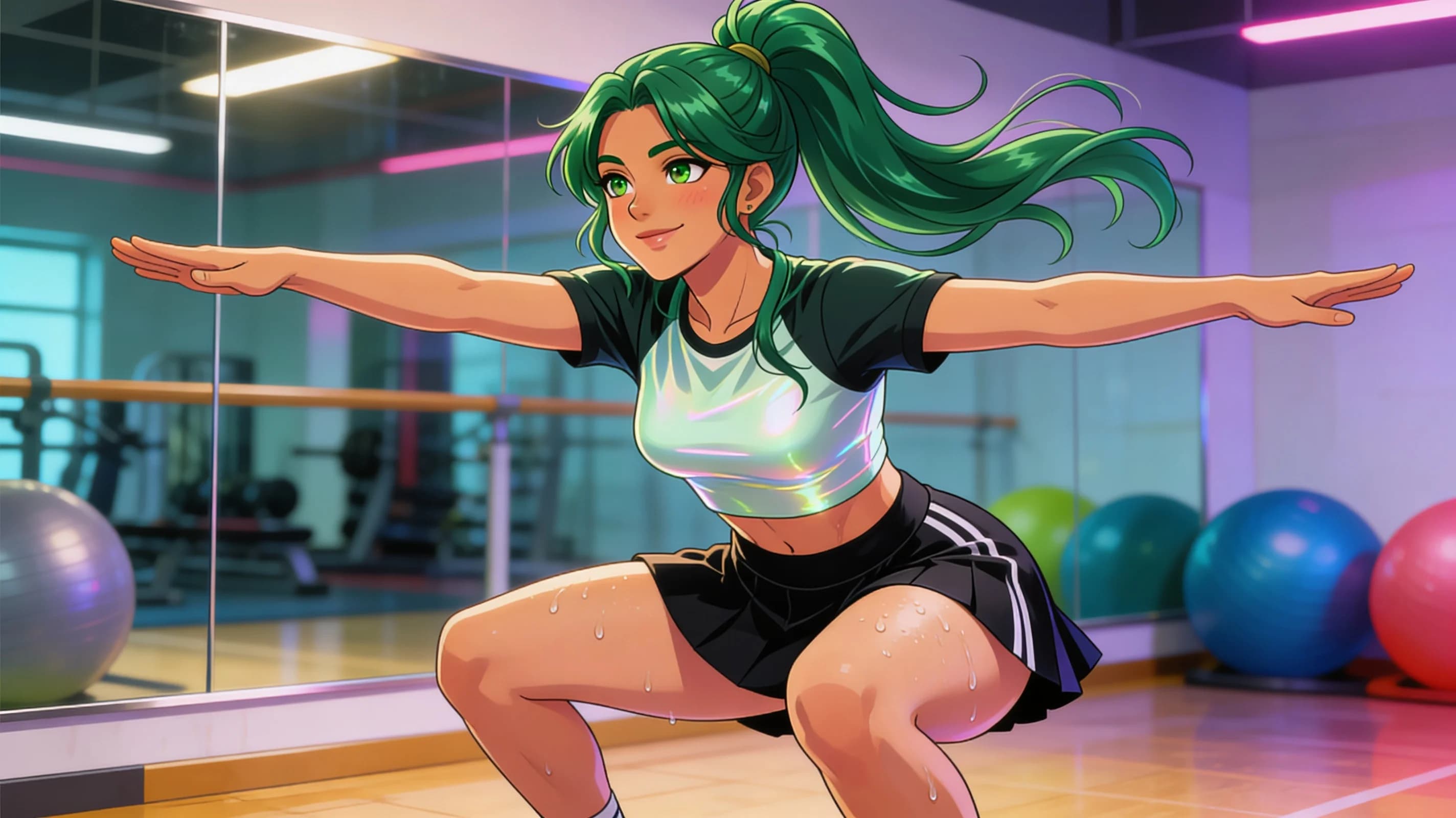 24-year-old Latina woman with green hair in a ponytail, green eyes, fit body type, wearing a short black tennis skirt and a crop top shirt, standing in a modern fitness gym mid-athletic workout with sweat drops trailing down her skin and a light sheen across her exposed midriff, crop top fabric clinging to naturally positioned breasts with subtle bounce from movement, close-up portrait from frontal angle with direct eye contact and a bright smile, lips curved in a friendly expression, standing with slight head tilt and relaxed shoulders, vibrant atmospheric lighting highlighting natural clothing folds and sweat, cheerful mood, blush marks on cheeks from exertion, anime style, high-quality illustration. Flawless anatomy, no extra digits, no extra limbs, detailed anime shading, high-quality illustration.