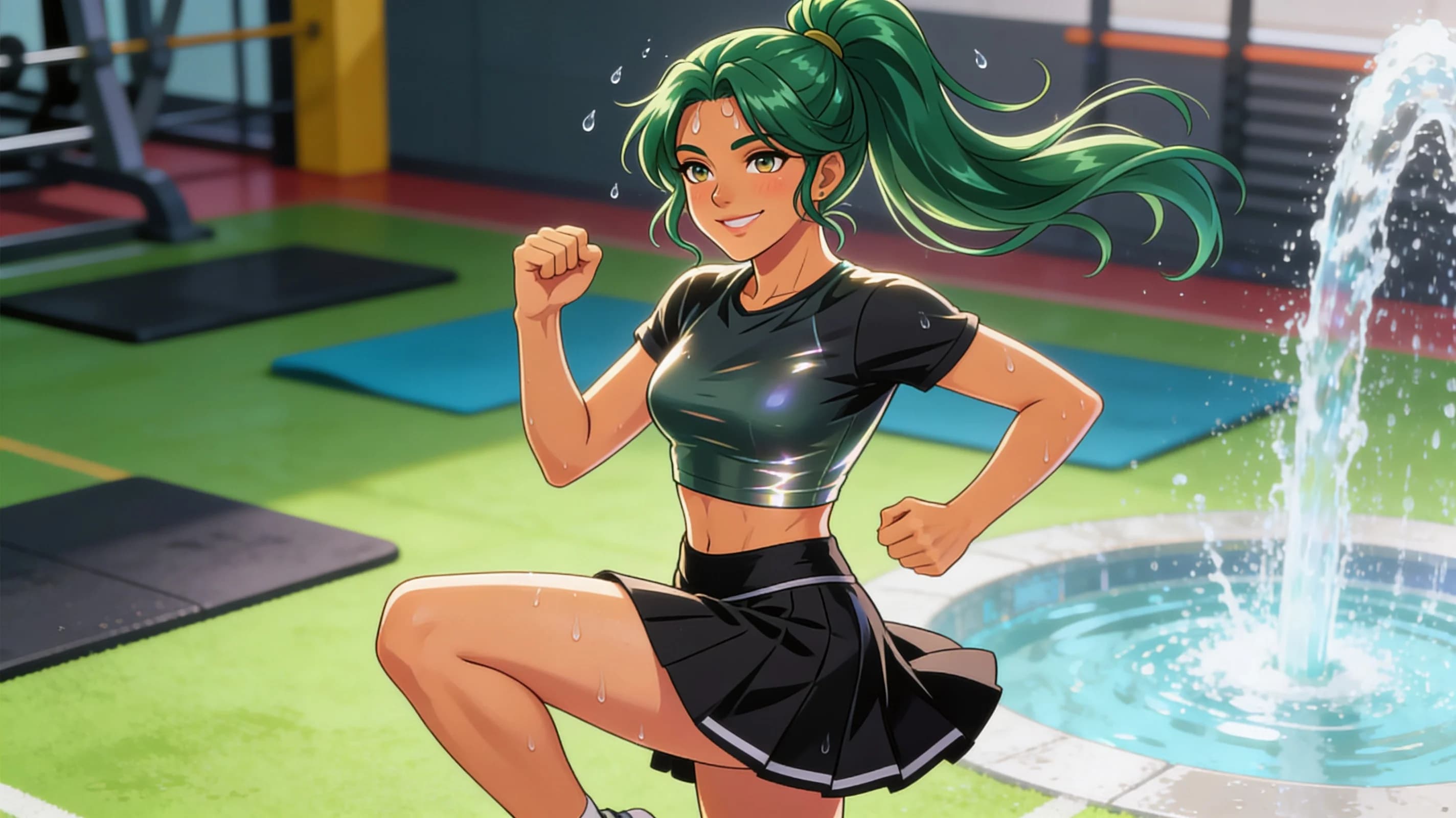 24-year-old Latina woman with green hair in a ponytail, green eyes, fit body type, wearing a short black tennis skirt and a crop top shirt, standing in a modern fitness gym mid-athletic workout with sweat drops trailing down her skin and a light sheen across her exposed midriff, crop top fabric clinging to naturally positioned breasts with subtle bounce from movement, close-up portrait from frontal angle with direct eye contact and a bright smile, lips curved in a friendly expression, standing with slight head tilt and relaxed shoulders, vibrant atmospheric lighting highlighting natural clothing folds and sweat, cheerful mood, blush marks on cheeks from exertion, anime style, high-quality illustration. Flawless anatomy, no extra digits, no extra limbs, detailed anime shading, high-quality illustration.