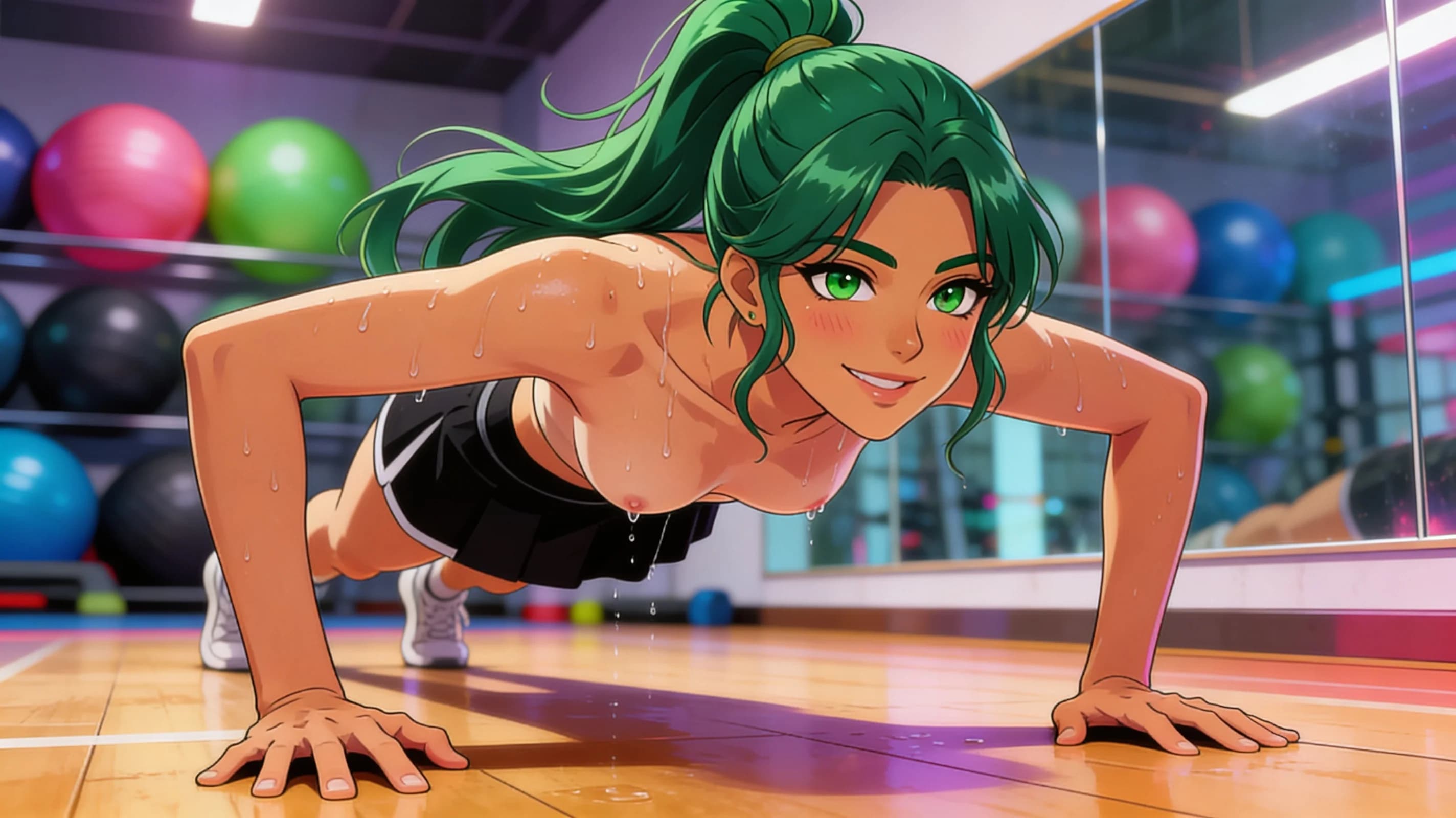 24-year-old Latina woman with green hair in a ponytail, green eyes, fit body type, wearing a short black tennis skirt and a crop top shirt, standing in a modern fitness gym mid-athletic workout with sweat drops trailing down her skin and a light sheen across her exposed midriff, crop top fabric clinging to naturally positioned breasts with subtle bounce from movement, close-up portrait from frontal angle with direct eye contact and a bright smile, lips curved in a friendly expression, standing with slight head tilt and relaxed shoulders, vibrant atmospheric lighting highlighting natural clothing folds and sweat, cheerful mood, blush marks on cheeks from exertion, anime style, high-quality illustration. Flawless anatomy, no extra digits, no extra limbs, detailed anime shading, high-quality illustration.