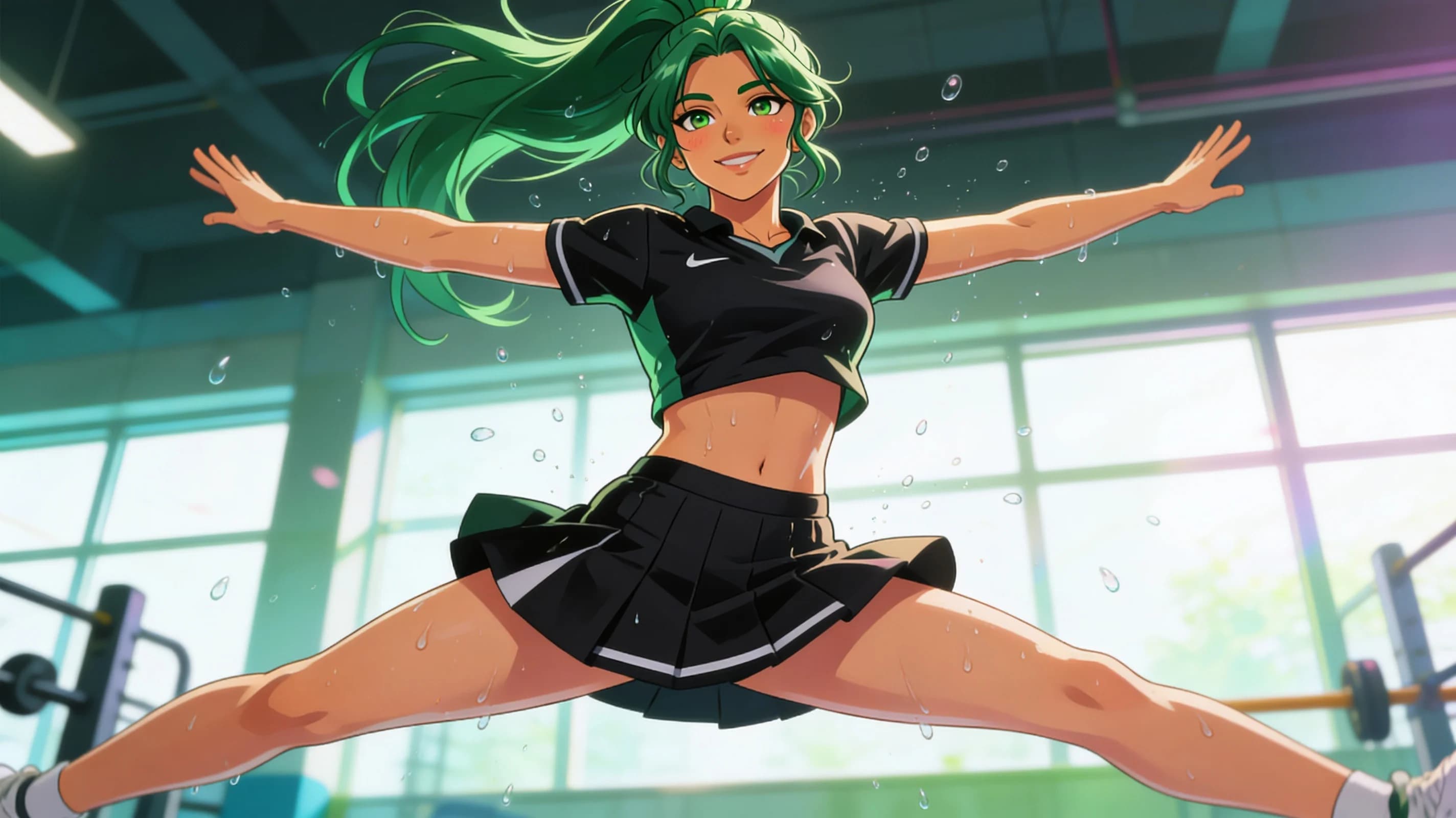 24-year-old Latina woman with green hair in a ponytail, green eyes, fit body type, wearing a short black tennis skirt and a crop top shirt, standing in a modern fitness gym mid-athletic workout with sweat drops trailing down her skin and a light sheen across her exposed midriff, crop top fabric clinging to naturally positioned breasts with subtle bounce from movement, close-up portrait from frontal angle with direct eye contact and a bright smile, lips curved in a friendly expression, standing with slight head tilt and relaxed shoulders, vibrant atmospheric lighting highlighting natural clothing folds and sweat, cheerful mood, blush marks on cheeks from exertion, anime style, high-quality illustration. Flawless anatomy, no extra digits, no extra limbs, detailed anime shading, high-quality illustration.