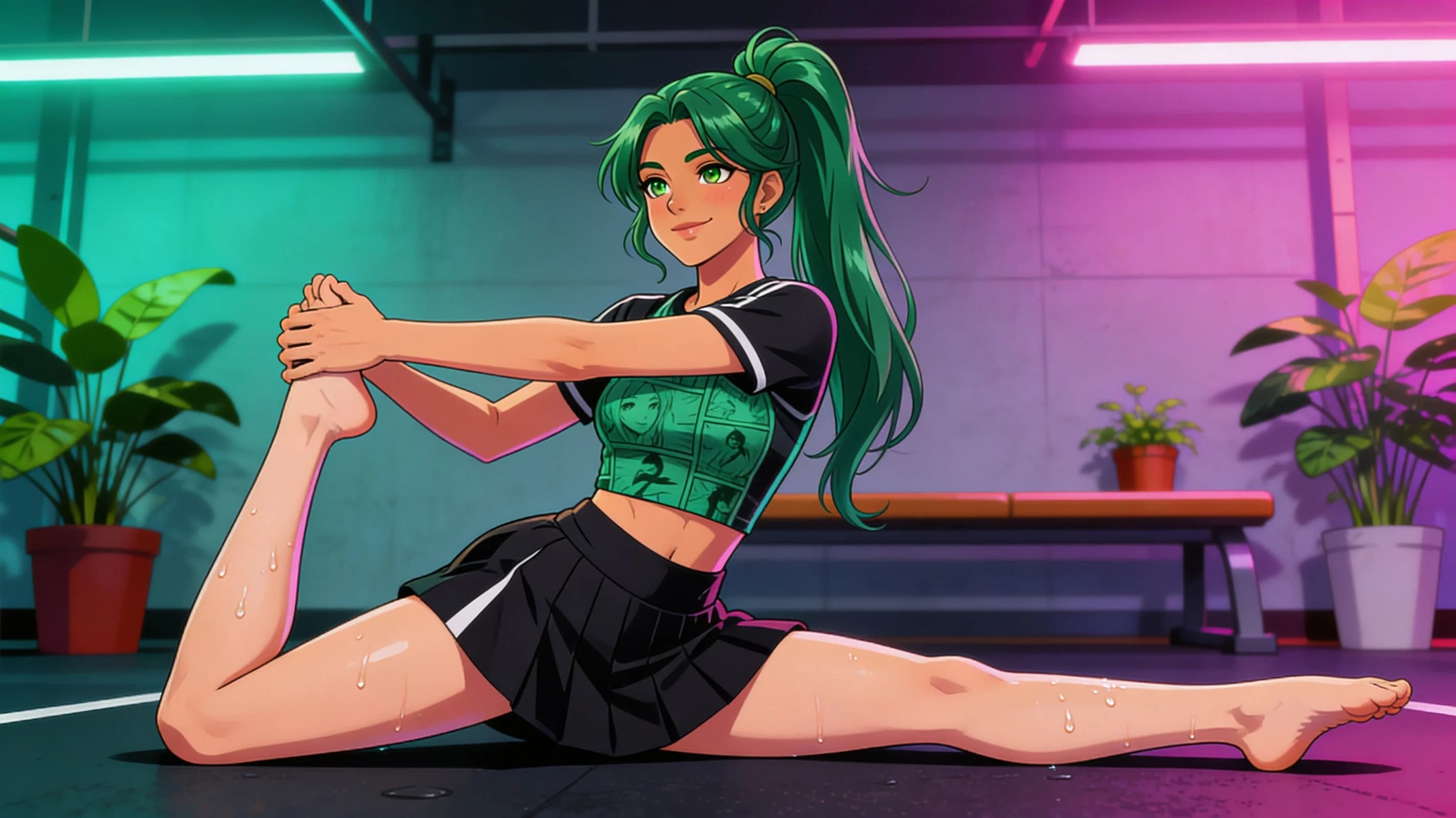 24-year-old Latina woman with green hair in a ponytail, green eyes, fit body type, wearing a short black tennis skirt and a crop top shirt, standing in a modern fitness gym mid-athletic workout with sweat drops trailing down her skin and a light sheen across her exposed midriff, crop top fabric clinging to naturally positioned breasts with subtle bounce from movement, close-up portrait from frontal angle with direct eye contact and a bright smile, lips curved in a friendly expression, standing with slight head tilt and relaxed shoulders, vibrant atmospheric lighting highlighting natural clothing folds and sweat, cheerful mood, blush marks on cheeks from exertion, anime style, high-quality illustration. Flawless anatomy, no extra digits, no extra limbs, detailed anime shading, high-quality illustration.