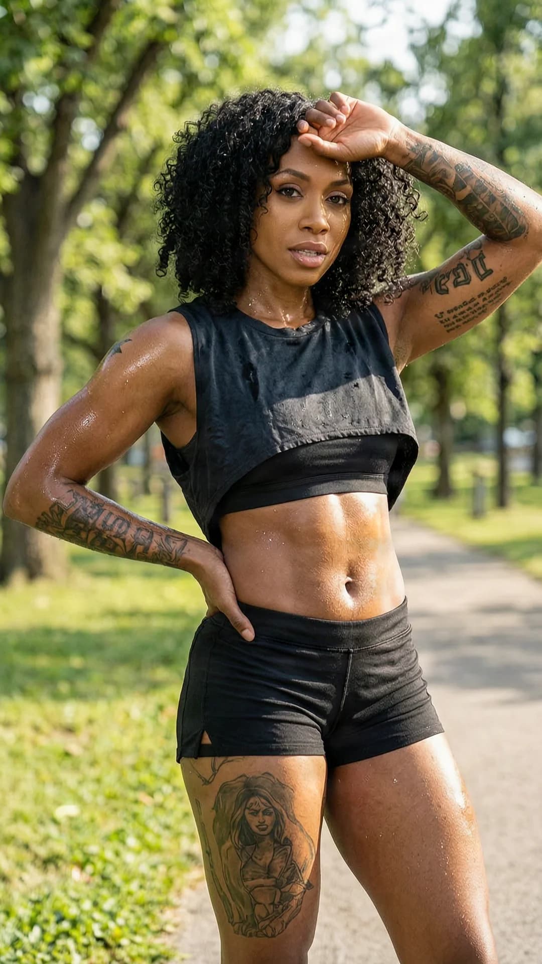 A 27-year-old muscular black woman with curly black hair, brown eyes, and visible tattoos across her arms and thighs, wearing short black shorts and a loose crop top over a sports bra, standing in a sunlit park after an intense run with light sweat glistening on her toned skin and dampening her clothing, powerful athletic pose with one hand on her hip and the other wiping her brow, body slightly leaned forward with natural muscle tension and glistening sweat droplets, medium close-up from a front three-quarter angle, intense direct eye contact with confident and energized expression, lips slightly parted, realistic style, natural daylight with soft shadows highlighting her physique, Flawless anatomy, no extra digits, no extra limbs, realistic skin texture, high-detail.