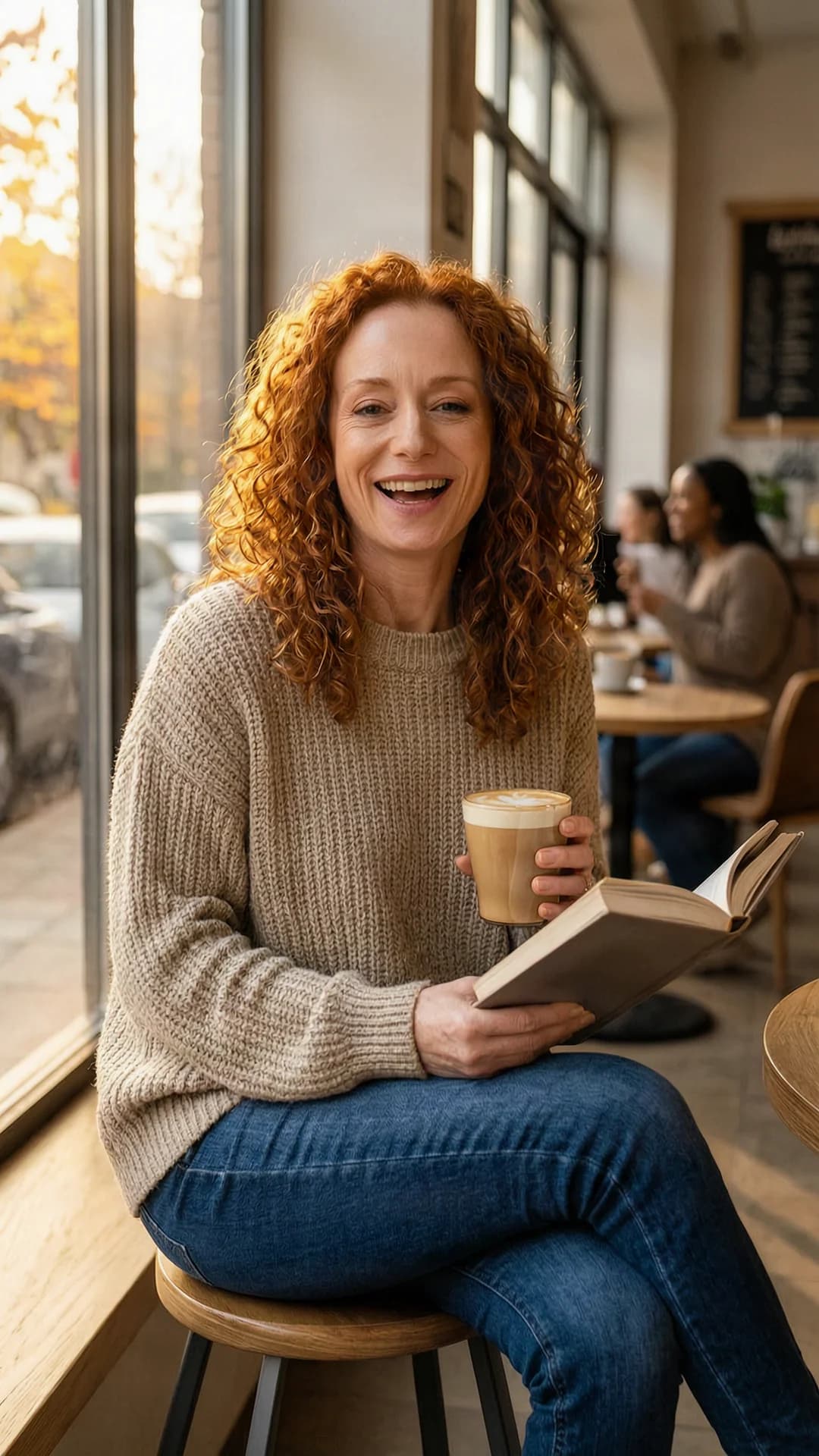 45-year-old Caucasian woman with fit body type, curly red hair, blue eyes, wearing fitted jeans and a cozy oversized sweater, sitting relaxed in a trendy coffee shop while holding a book and a latte, natural sunlight streaming through large windows casting warm autumn colors across the scene, genuine laughing expression with direct eye contact and joyful sparkling eyes, lips parted in laughter, comfortable approachable vibe, casual lifestyle photography, medium close-up from a slight three-quarter angle, body positioned casually with legs crossed, Flawless anatomy, no extra digits, no extra limbs, realistic skin texture, high-detail.