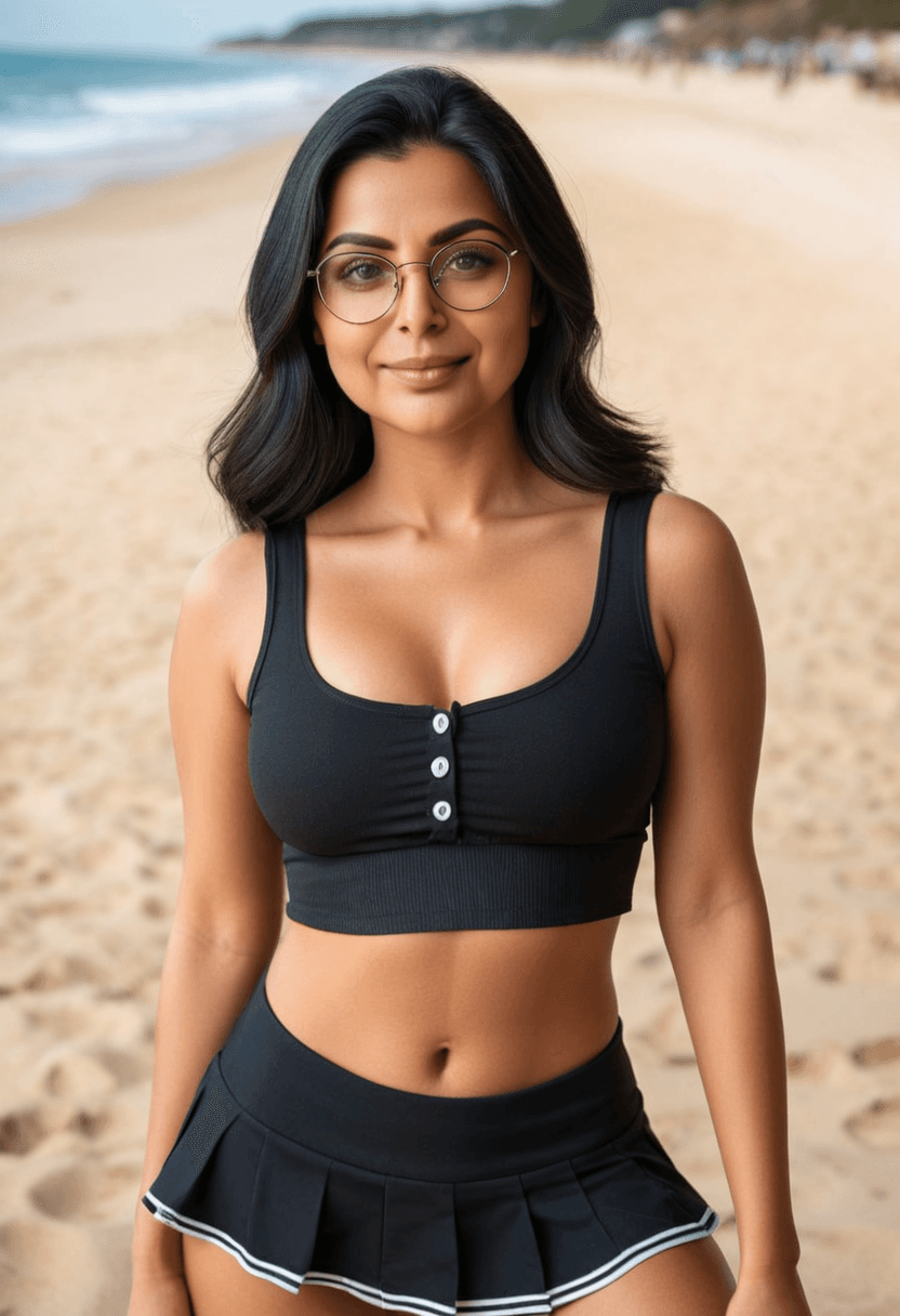 Wearing short black tennis skirt and a crop top shirt, portrait picture, looking at the viewer with a smile, wearing a stylish bikini on the beach