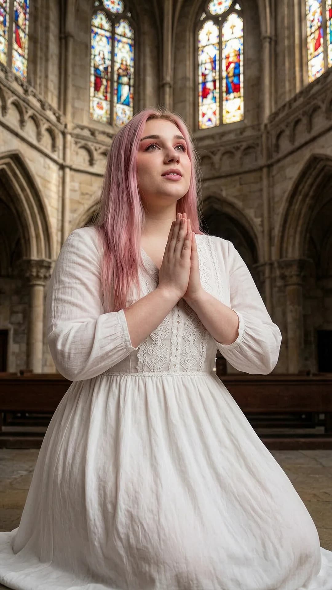 A 21-year-old Caucasian woman with long pink hair, red eyes and a chubby body type, kneeling in devout prayer inside a grand stone cathedral, hands clasped tightly before her chest, body slightly leaned forward in reverence, wearing a modest flowing long-sleeved white dress with simple lace collar, soft multicolored light from stained-glass windows casting gentle illumination across the scene, medium close-up from a low frontal angle, upward eye contact with pious reverence and lips parted in silent prayer, serene holy atmosphere, Flawless anatomy, no extra digits, no extra limbs, realistic skin texture, high-detail.