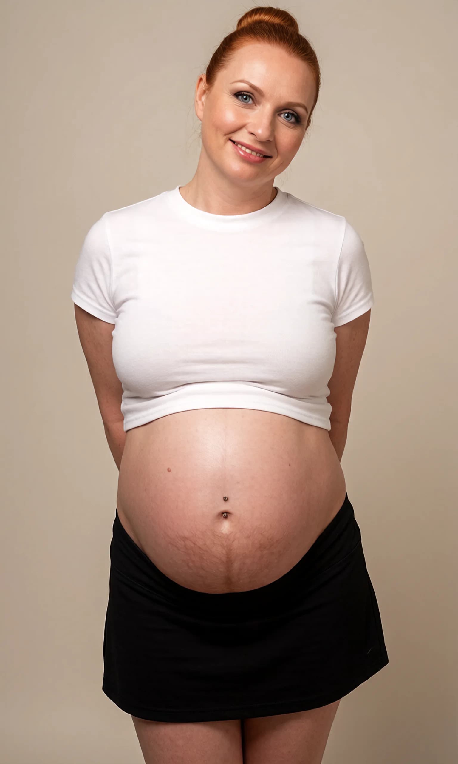 A 38-year-old Caucasian chubby woman with red hair in a neat bun, piercing blue eyes, and a heavily pregnant round belly featuring multiple belly piercings, wearing a short black tennis skirt and a tight white crop top shirt that rides up to expose her lower belly and natural pubic hair, standing in a softly lit indoor studio with neutral background, front-facing medium close-up portrait angle with direct eye contact and a warm genuine smile, lips gently parted, relaxed body posture with natural pregnant belly weight and skin sheen, soft diffused lighting accentuating chubby curves and realistic skin texture, joyful mood, Flawless anatomy, no extra digits, no extra limbs, realistic skin texture, high-detail.
