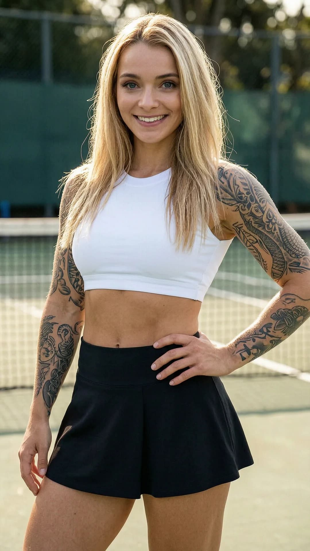 A 24-year-old Caucasian woman with long blonde hair, piercing blue eyes, and a powerfully muscular build adorned with intricate tattoos, wearing a short black tennis skirt paired with a fitted white crop top shirt that exposes her toned midriff, standing in a confident athletic pose with one hand on her hip and body slightly turned toward the viewer in a medium close-up portrait from eye-level front angle, direct eye contact with the viewer accompanied by a bright genuine smile and joyful expression, natural sunlight illuminating her glistening skin and highlighting muscle definition, on an outdoor tennis court background with soft bokeh, realistic style, Flawless anatomy, no extra digits, no extra limbs, realistic skin texture, high-detail.