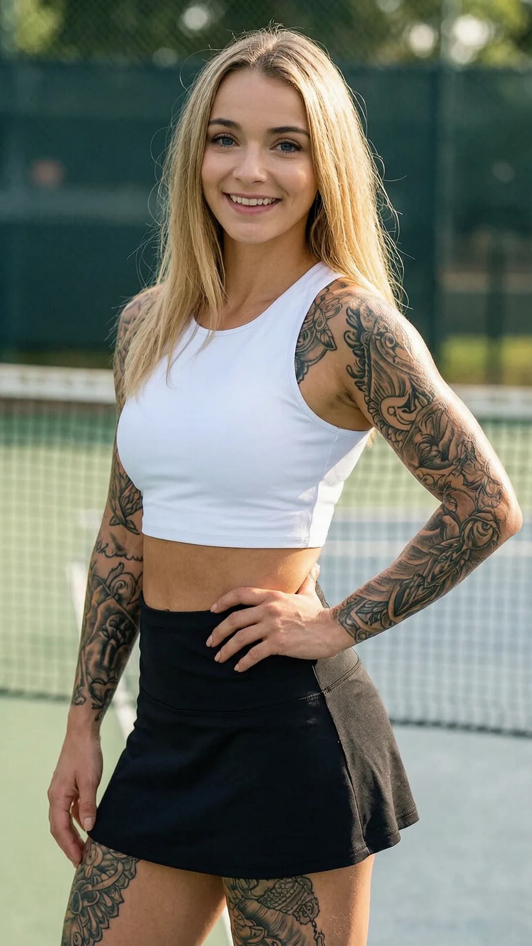 A 24-year-old Caucasian woman with long blonde hair, piercing blue eyes, and a powerfully muscular build adorned with intricate tattoos, wearing a short black tennis skirt paired with a fitted white crop top shirt that exposes her toned midriff, standing in a confident athletic pose with one hand on her hip and body slightly turned toward the viewer in a medium close-up portrait from eye-level front angle, direct eye contact with the viewer accompanied by a bright genuine smile and joyful expression, natural sunlight illuminating her glistening skin and highlighting muscle definition, on an outdoor tennis court background with soft bokeh, realistic style, Flawless anatomy, no extra digits, no extra limbs, realistic skin texture, high-detail.