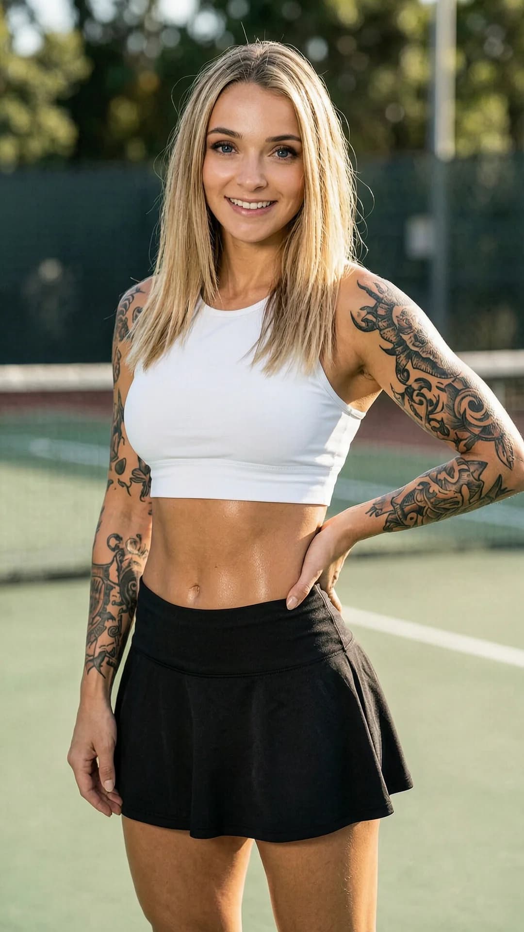 A 24-year-old Caucasian woman with long blonde hair, piercing blue eyes, and a powerfully muscular build adorned with intricate tattoos, wearing a short black tennis skirt paired with a fitted white crop top shirt that exposes her toned midriff, standing in a confident athletic pose with one hand on her hip and body slightly turned toward the viewer in a medium close-up portrait from eye-level front angle, direct eye contact with the viewer accompanied by a bright genuine smile and joyful expression, natural sunlight illuminating her glistening skin and highlighting muscle definition, on an outdoor tennis court background with soft bokeh, realistic style, Flawless anatomy, no extra digits, no extra limbs, realistic skin texture, high-detail.