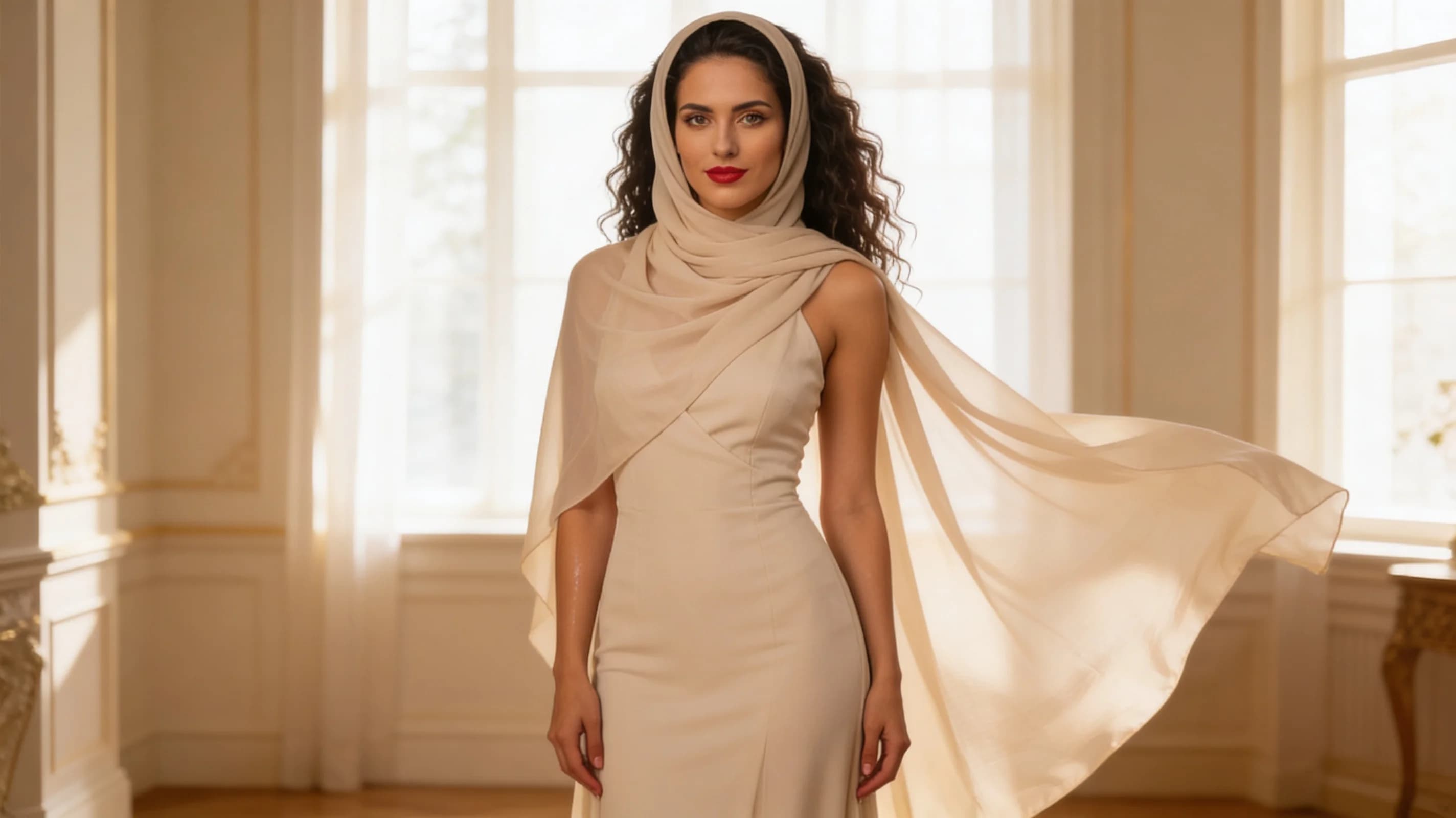 A 28-year-old Latina woman with slim body, voluminous curly brunette hair, hazel expressive eyes and red lipstick, standing gracefully in modest elegant attire including a flowing hijab, warm direct eye contact with a nice gentle smile and soft parted lips, full body frontal view at eye level, elegant indoor setting with soft natural window lighting, relaxed confident pose with hands at sides, positive uplifting mood, subtle skin sheen, Flawless anatomy, no extra digits, no extra limbs, realistic skin texture, high-detail.