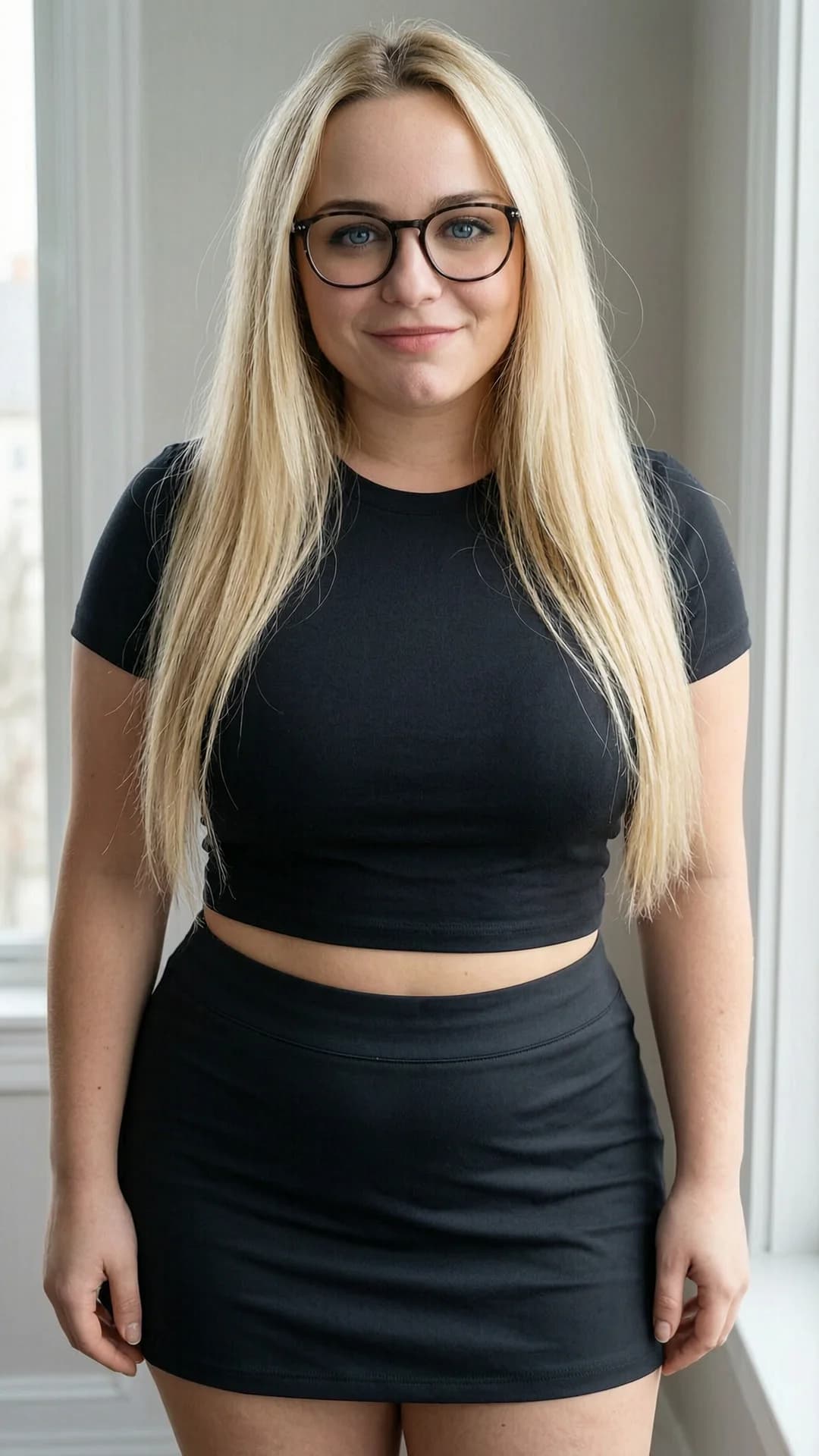 A 24-year-old Caucasian woman with chubby body type, long blonde hair, blue eyes and glasses, wearing a short black tennis skirt and tight crop top shirt that hugs her soft curves, captured in a close-up portrait from a direct frontal eye-level angle, standing with relaxed posture and shoulders slightly forward, direct eye contact with the viewer and a gentle warm smile, soft natural window lighting illuminating her face and figure, realistic style, Flawless anatomy, no extra digits, no extra limbs, realistic skin texture, high-detail.