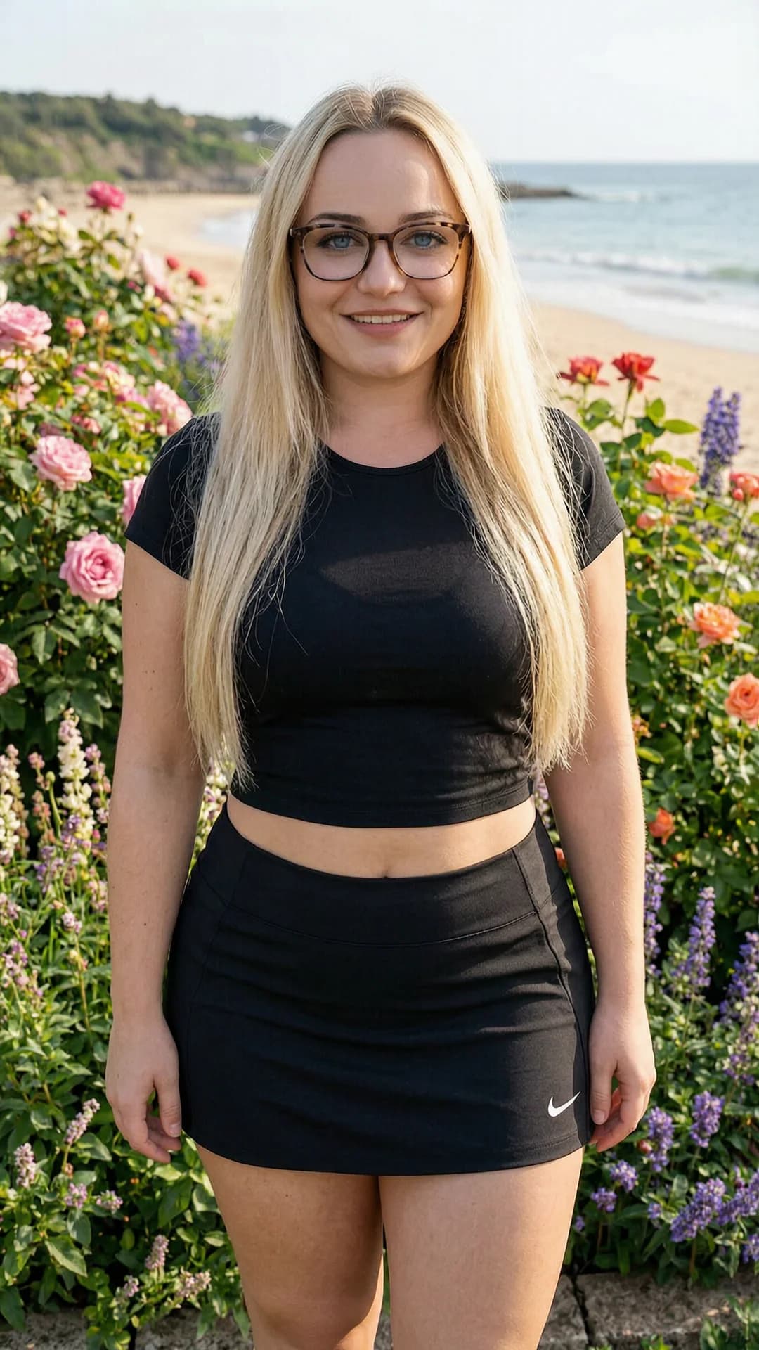 A 24-year-old Caucasian chubby woman with long blonde hair, blue eyes and stylish glasses, wearing a short black tennis skirt and crop top shirt, standing in a beautiful garden with flowers on a sunny beachside setting, medium close-up front-facing portrait, direct eye contact with a warm smile, lips gently curved upward in joyful expression, soft natural daylight illuminating her figure, realistic style, Flawless anatomy, no extra digits, no extra limbs, realistic skin texture, high-detail.