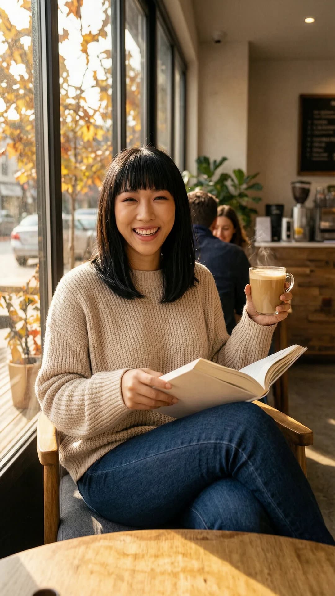 A 21-year-old Asian woman with black hair in bangs, brown eyes, skinny body type and massive FF tits, wearing fitted jeans and a cozy oversized sweater that stretches tightly over her chest, sitting relaxed in a trendy coffee shop while holding an open book in one hand and a latte in the other, natural sunlight streaming through large windows casting warm autumn colors across the scene, genuine laughing expression with direct eye contact and joyful emotional quality, lips parted in laughter, comfortable approachable vibe, casual lifestyle photography, medium close-up from slight low angle, body leaning back casually against the chair with natural breast positioning and soft fabric tension, Flawless anatomy, no extra digits, no extra limbs, realistic skin texture, high-detail.