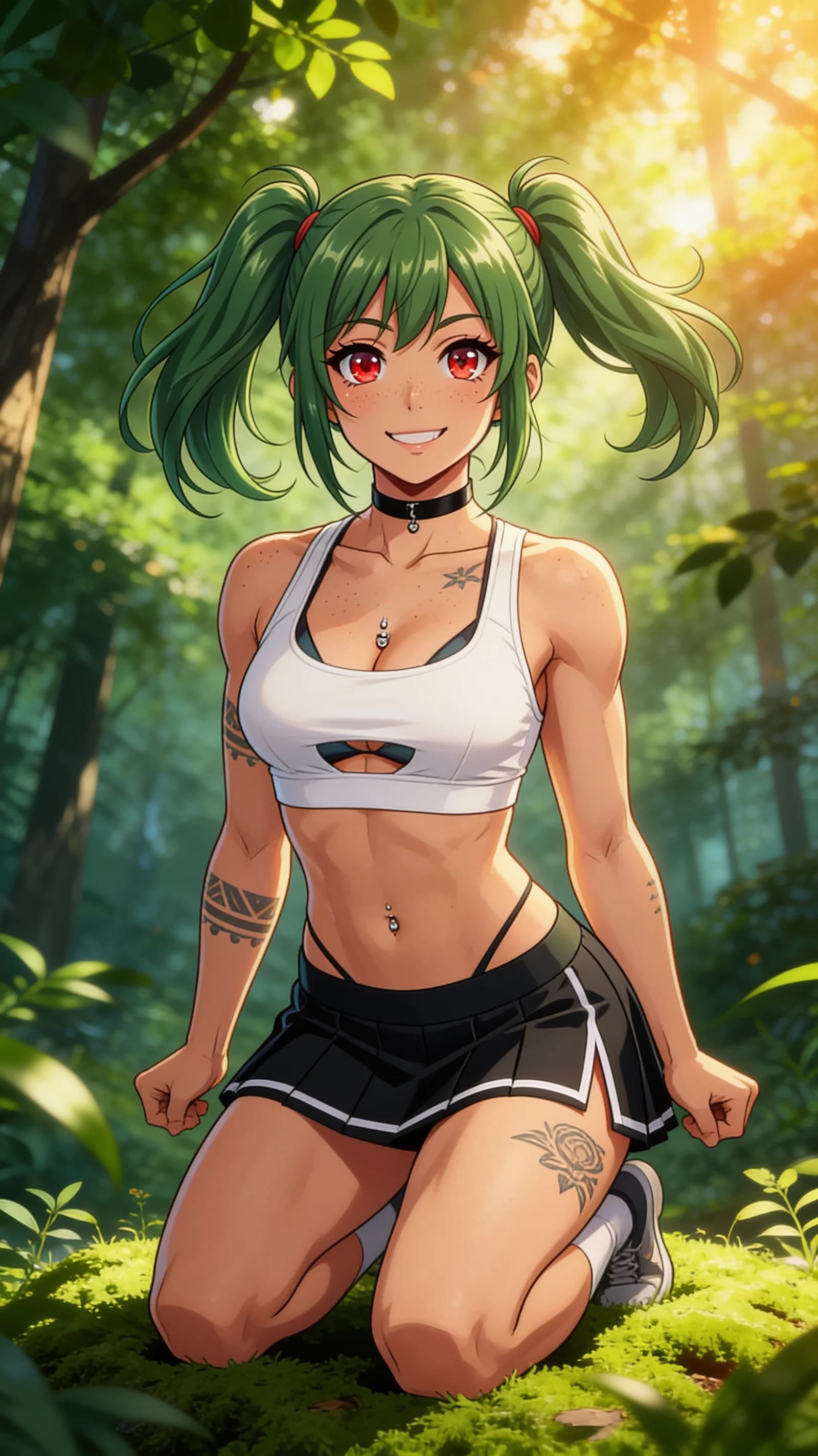 anime style, 2D cel-shaded anime illustration, anime key visual, flat cel shading, clean bold line art, vibrant saturated colors, large detailed expressive anime eyes with crisp catchlights, flat 2D rendering, not photorealistic, not 3D render, 24-year-old Asian woman with green hair in pigtails, red eyes, muscular build, freckles across cheeks and chest, visible tattoos on arms and thighs, nipple piercings visible through fabric, centered in vertical 9:16 portrait composition filling the frame head-to-mid-thigh, kneeling elegantly on soft moss in a lush green forest with athletic workout pose and toned legs flexed, wearing short black tennis skirt, tight white crop top shirt, stylish bikini top peeking beneath the crop, fashionable black choker, soft dappled sunlight filtering through dense canopy leaves creating warm golden rim lighting and gentle shadows, looking directly at viewer with a bright genuine smile and sparkling eye contact full of playful energy, mood confident and vibrant, detailed anime cel shading, crisp clean linework, correct anatomy, hands cleanly drawn with five fingers, studio-quality anime key visual; avoid: photorealistic, 3D render, extra fingers, deformed hands, blurry, low detail.