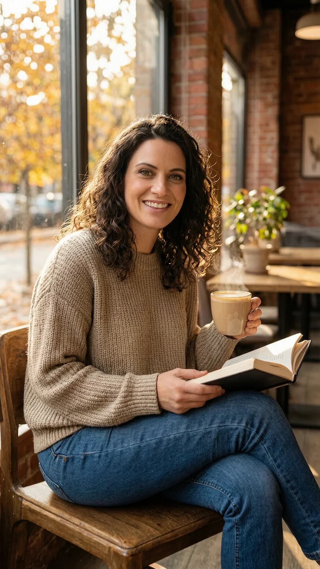 A 32-year-old Caucasian woman with brunette curly hair, green eyes, and a fit body type, wearing fitted jeans and a cozy oversized sweater, sits relaxed in a trendy coffee shop holding an open book in one hand and a steaming latte in the other, natural sunlight streaming through large windows casting warm autumn colors across the scene, genuine laughing expression with direct eye contact toward the viewer conveying joyful and approachable emotion, comfortable seated pose with legs crossed and shoulders relaxed, medium close-up from a slight three-quarter angle, casual lifestyle photography mood with soft cinematic lighting and inviting atmosphere, Flawless anatomy, no extra digits, no extra limbs, realistic skin texture, high-detail.