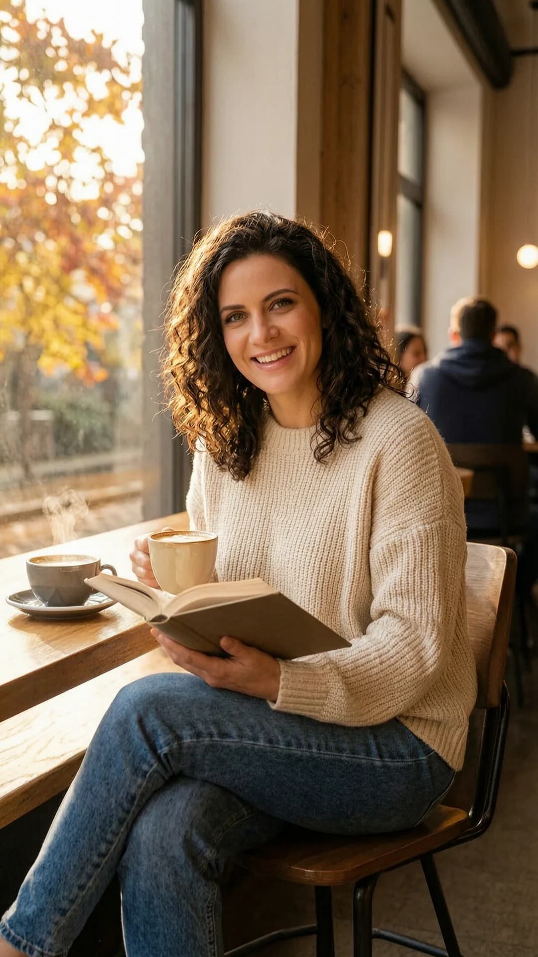 A 32-year-old Caucasian woman with brunette curly hair, green eyes, and a fit body type, wearing fitted jeans and a cozy oversized sweater, sits relaxed in a trendy coffee shop holding an open book in one hand and a steaming latte in the other, natural sunlight streaming through large windows casting warm autumn colors across the scene, genuine laughing expression with direct eye contact toward the viewer conveying joyful and approachable emotion, comfortable seated pose with legs crossed and shoulders relaxed, medium close-up from a slight three-quarter angle, casual lifestyle photography mood with soft cinematic lighting and inviting atmosphere, Flawless anatomy, no extra digits, no extra limbs, realistic skin texture, high-detail.