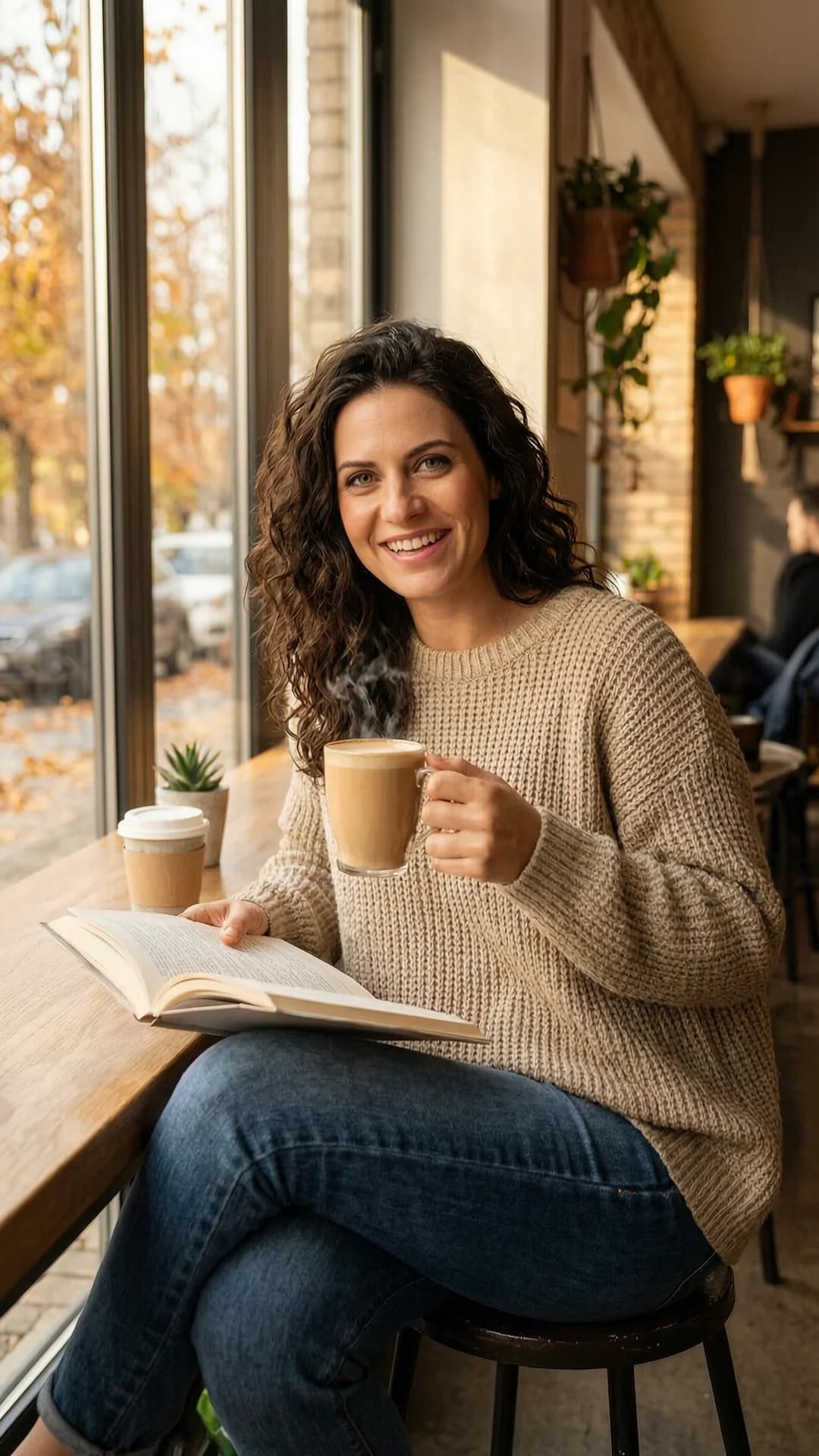 A 32-year-old Caucasian woman with brunette curly hair, green eyes, and a fit body type, wearing fitted jeans and a cozy oversized sweater, sits relaxed in a trendy coffee shop holding an open book in one hand and a steaming latte in the other, natural sunlight streaming through large windows casting warm autumn colors across the scene, genuine laughing expression with direct eye contact toward the viewer conveying joyful and approachable emotion, comfortable seated pose with legs crossed and shoulders relaxed, medium close-up from a slight three-quarter angle, casual lifestyle photography mood with soft cinematic lighting and inviting atmosphere, Flawless anatomy, no extra digits, no extra limbs, realistic skin texture, high-detail.