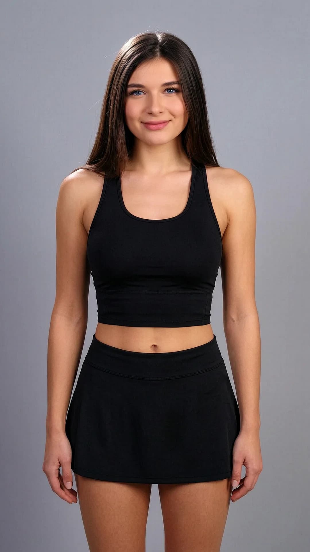 A 21-year-old fit caucasian woman with straight brunette hair, bright blue eyes and an athletic build, captured in a realistic close-up portrait from a direct frontal camera angle with slight downward tilt, standing in a confident upright pose with shoulders slightly angled toward the viewer and hands resting lightly at her sides, wearing a short black tennis skirt paired with a fitted crop top shirt that accentuates her toned midriff, direct eye contact with a warm friendly smile and softly parted lips conveying approachable charm, soft natural window lighting illuminating her face and highlighting fabric textures against a neutral studio backdrop, Flawless anatomy, no extra digits, no extra limbs, realistic skin texture, high-detail.