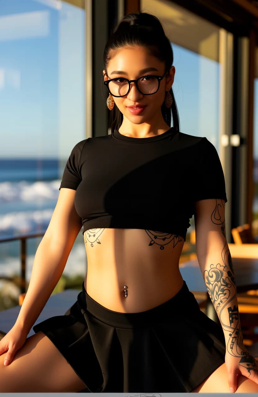 21-year-old Asian woman with fit athletic body, black hair in a high ponytail, brown eyes, intricate artistic tattoos on arms and torso, belly piercings, wearing stylish glasses and beautiful dangling earrings, dressed in a short black tennis skirt that rides up her toned thighs and a tight crop top shirt exposing her midriff and piercings, sitting casually in a relaxed athletic squat pose with knees spread wide and hands resting on thighs for balance, medium close-up portrait from a low slight upward camera angle for dynamic emphasis on her form, direct intense eye contact with the viewer through her glasses with a playful seductive smile and parted glossy lips, body physics showing firm perky C-cup breasts subtly straining the crop top fabric, toned abs flexed with a light sheen of sweat on sun-kissed golden skin, in an upscale beachside restaurant open to a sunny ocean view with gentle waves crashing in the background and golden hour sunlight filtering through large windows casting warm dramatic shadows and rim lighting that highlights her curves and tattoos, mood vibrant and flirtatious with a tropical luxurious vibe, flawless anatomy, no extra digits, no extra limbs, realistic skin texture, high-detail.