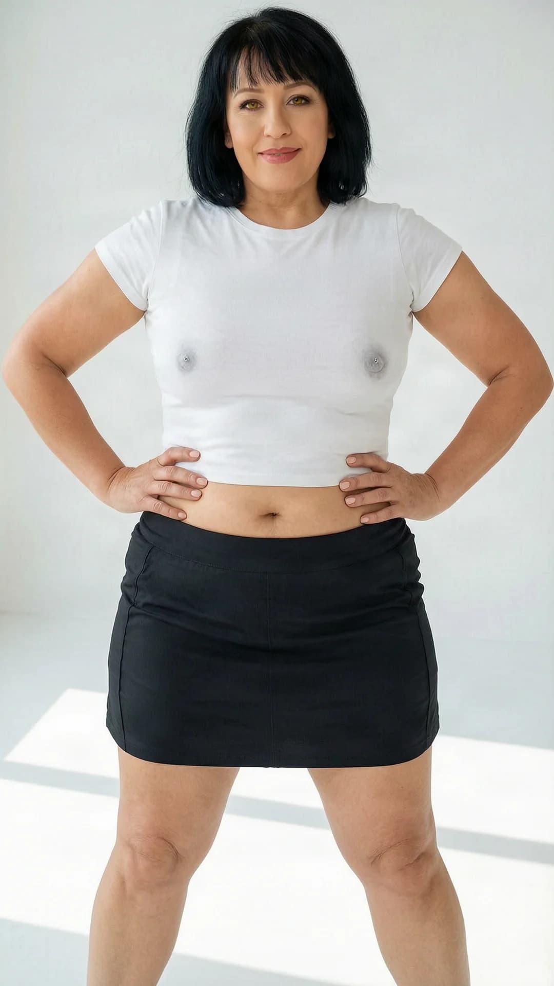 A 49-year-old Caucasian chubby woman with black hair in bangs, yellow eyes, wearing a tight white crop top shirt that reveals her midriff and nipple piercings pressing visibly through the fabric paired with a short black tennis mini skirt, standing confidently with feet apart and hands on hips in a bright modern studio, full body frontal shot from eye level, direct eye contact with a warm confident smile and lips gently parted, natural bushy pubic hair subtly visible at the hem of the short skirt, soft natural window lighting highlighting skin texture and chubby body curves, realistic style, Flawless anatomy, no extra digits, no extra limbs, realistic skin texture, high-detail.