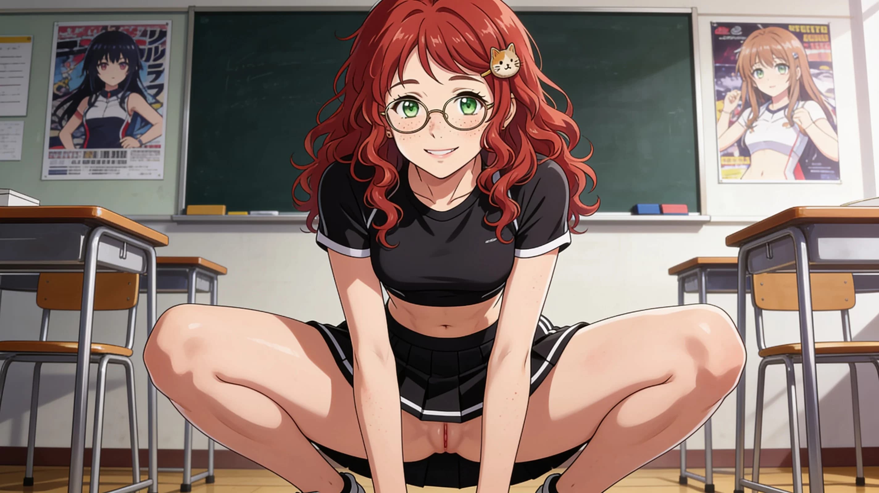 A 24-year-old skinny Asian woman with curly red hair, green eyes, glasses, and freckles, wearing a short black tennis skirt and a tight crop top shirt, squatting in an athletic pose with knees bent wide and thighs flexed in a classroom environment, medium close-up portrait from front angle with direct eye contact and a warm smile, lips curved upward, vibrant atmospheric lighting highlighting natural clothing folds and skin sheen with light blush marks, anime style, high-quality illustration. Flawless anatomy, no extra digits, no extra limbs, detailed anime shading, high-quality illustration.