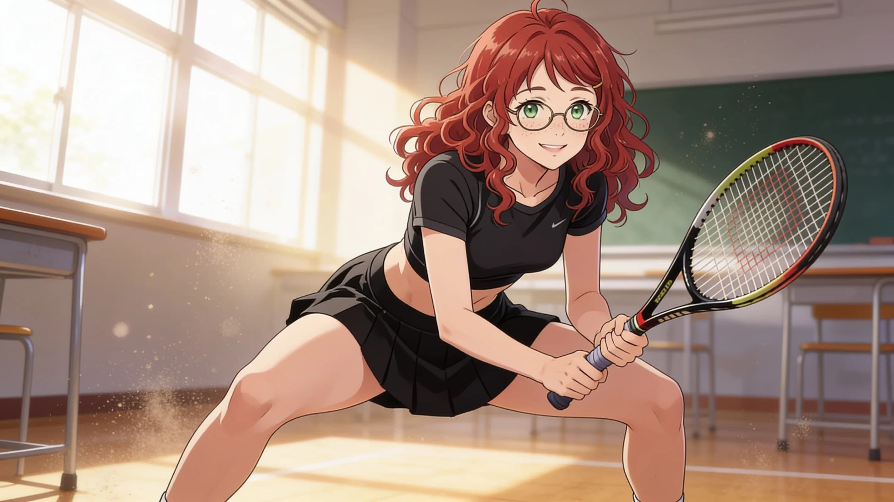 A 24-year-old skinny Asian woman with curly red hair, green eyes, glasses, and freckles, wearing a short black tennis skirt and a tight crop top shirt, squatting in an athletic pose with knees bent wide and thighs flexed in a classroom environment, medium close-up portrait from front angle with direct eye contact and a warm smile, lips curved upward, vibrant atmospheric lighting highlighting natural clothing folds and skin sheen with light blush marks, anime style, high-quality illustration. Flawless anatomy, no extra digits, no extra limbs, detailed anime shading, high-quality illustration.