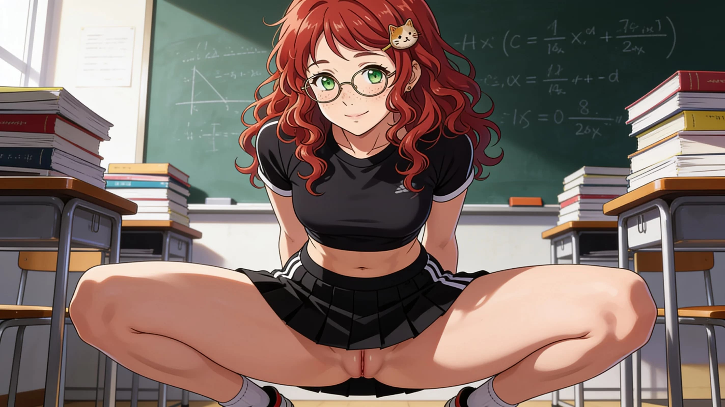 A 24-year-old skinny Asian woman with curly red hair, green eyes, glasses, and freckles, wearing a short black tennis skirt and a tight crop top shirt, squatting in an athletic pose with knees bent wide and thighs flexed in a classroom environment, medium close-up portrait from front angle with direct eye contact and a warm smile, lips curved upward, vibrant atmospheric lighting highlighting natural clothing folds and skin sheen with light blush marks, anime style, high-quality illustration. Flawless anatomy, no extra digits, no extra limbs, detailed anime shading, high-quality illustration.
