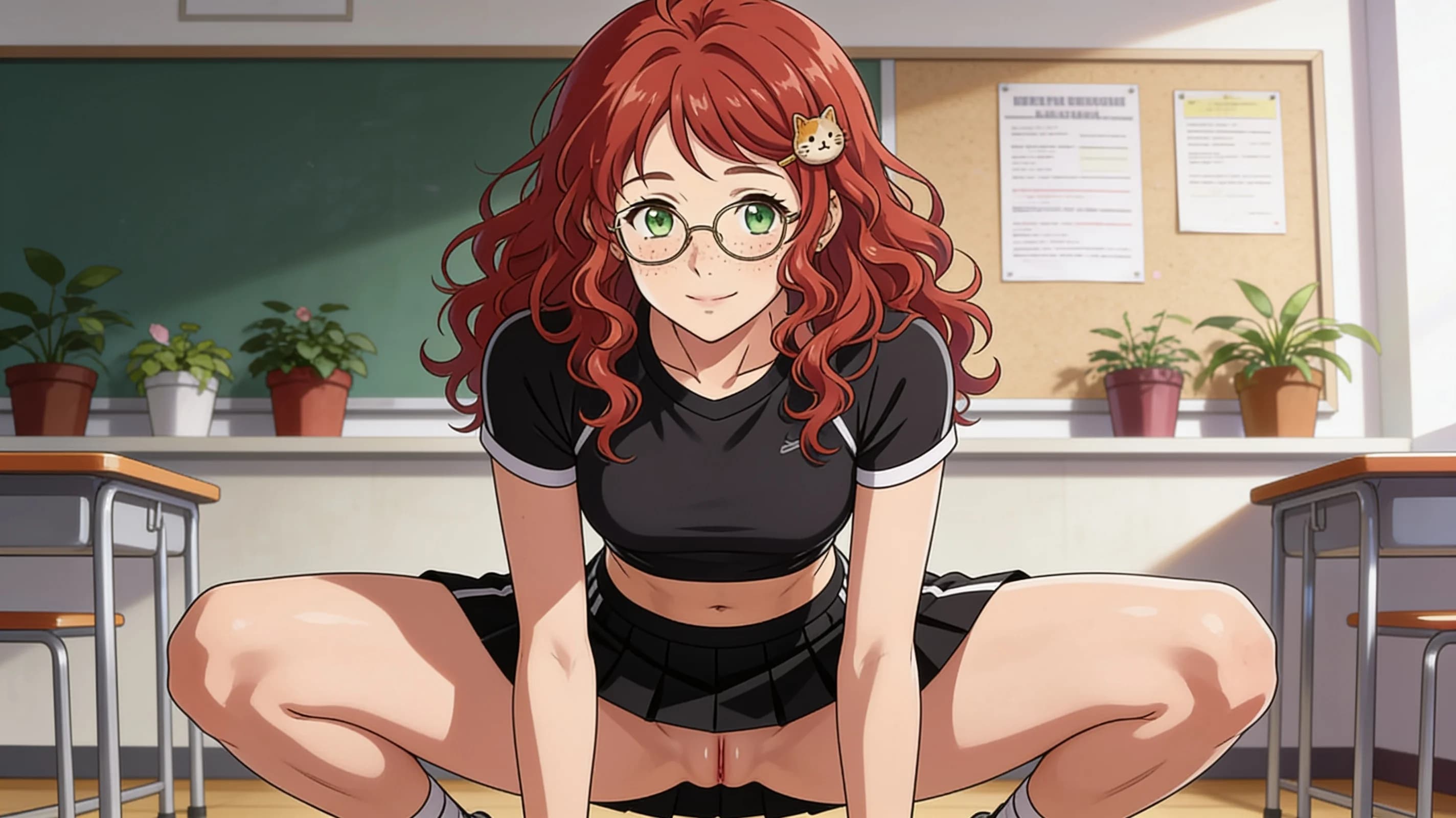 A 24-year-old skinny Asian woman with curly red hair, green eyes, glasses, and freckles, wearing a short black tennis skirt and a tight crop top shirt, squatting in an athletic pose with knees bent wide and thighs flexed in a classroom environment, medium close-up portrait from front angle with direct eye contact and a warm smile, lips curved upward, vibrant atmospheric lighting highlighting natural clothing folds and skin sheen with light blush marks, anime style, high-quality illustration. Flawless anatomy, no extra digits, no extra limbs, detailed anime shading, high-quality illustration.