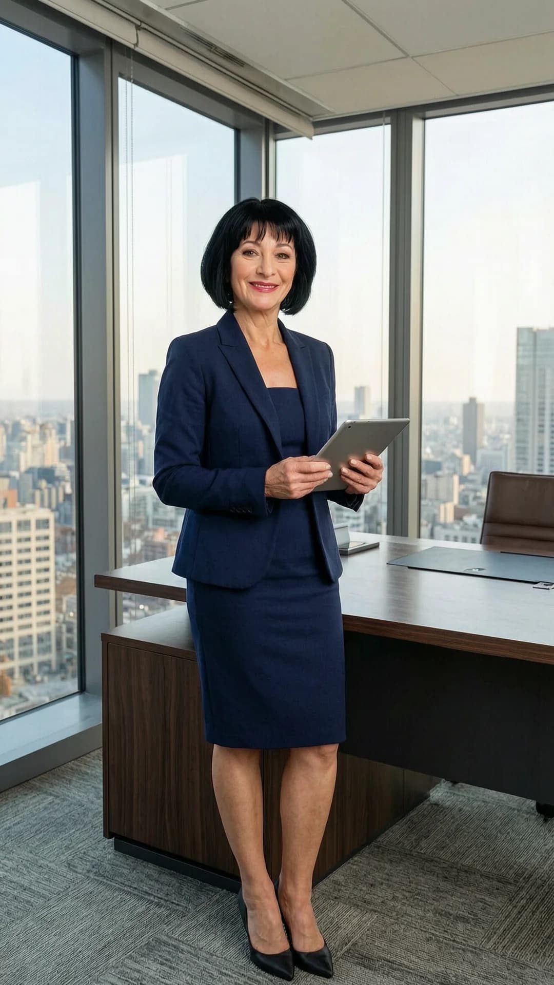 55-year-old Caucasian woman with short black hair, green eyes, skinny body type, standing confidently in a tailored navy blue power suit with fitted jacket and pencil skirt at an executive desk in a modern corner office overlooking a city skyline through floor-to-ceiling windows, full body shot from eye-level front angle, direct eye contact with warm confident smile and professional poise, holding a tablet, sophisticated makeup and styled short hair, warm natural lighting, realistic style, Flawless anatomy, no extra digits, no extra limbs, realistic skin texture, high-detail.