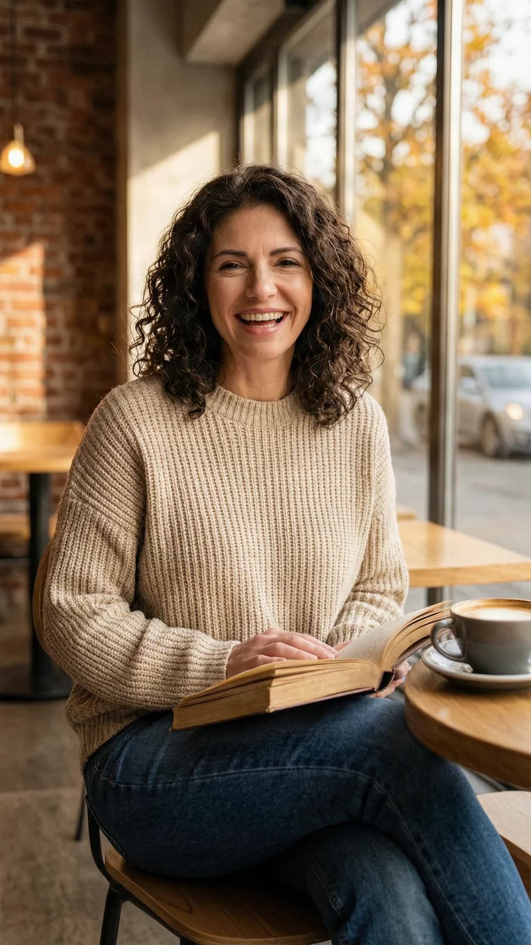 40-year-old Caucasian woman with curly brunette hair, brown eyes, and average body type, wearing fitted jeans and a cozy oversized sweater, sitting relaxed in a trendy coffee shop with a latte on the table, natural sunlight streaming through large windows casting warm autumn colors across the scene, genuine laughing expression with direct eye contact and joyful warmth, lips parted in laughter, holding an open book in her lap, legs casually crossed, comfortable and approachable vibe, medium close-up from eye-level front angle, body relaxed with natural posture and soft skin texture, flawless anatomy, no extra digits, no extra limbs, realistic skin texture, high-detail.