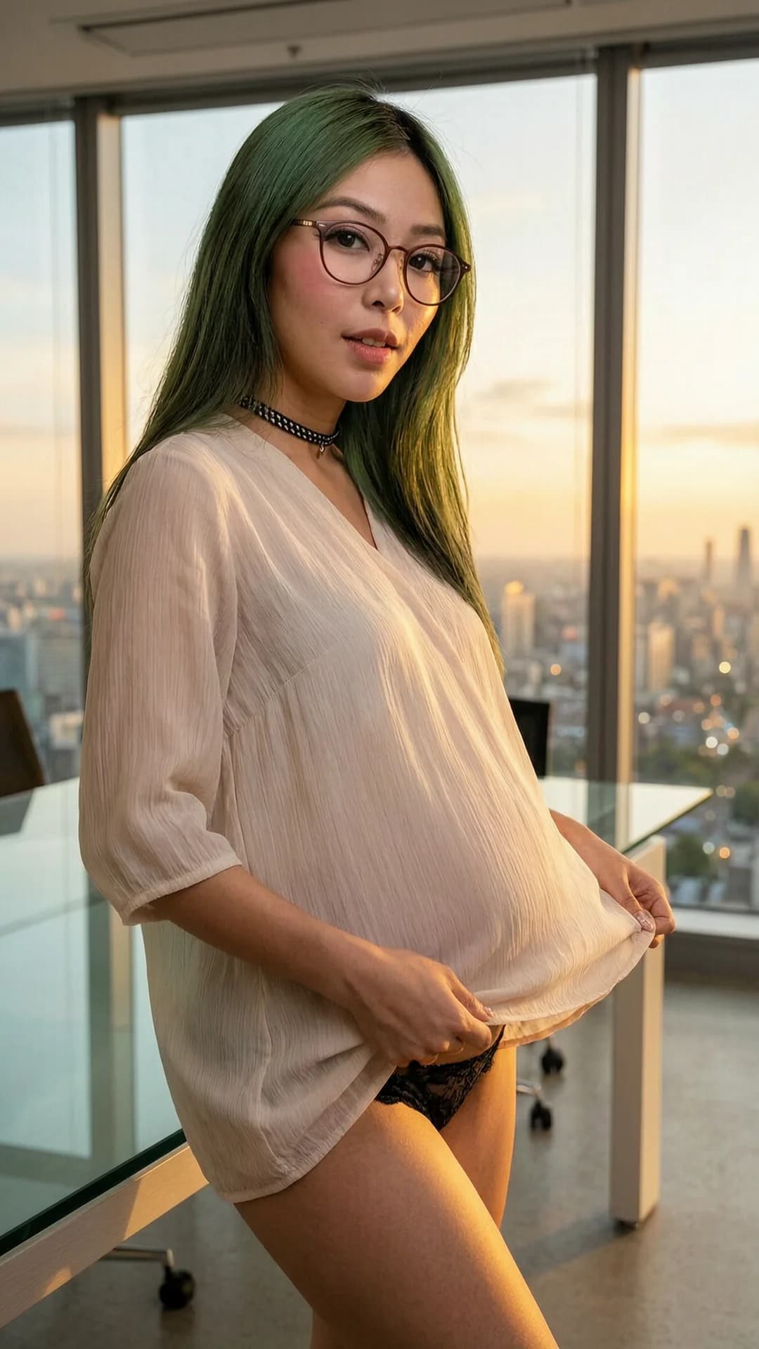24-year-old skinny Asian woman with long green hair, brown eyes, wearing glasses, belly piercings visible through her light flowy summer dress that clings gently to her swollen pregnant belly, fashionable choker around her neck, standing seductively in a modern office setting with sleek glass desks and large windows revealing a vibrant city skyline at golden hour sunset, soft warm lighting casting glowing golden highlights on her glowing skin and the delicate fabric of her dress, medium close-up from low side angle with strict eye-level POV, her lithe body turned slightly toward the camera in a teasing pose with one hand resting possessively on her rounded pregnant belly emphasizing its firm swell and the other hand lifting the hem of her dress to reveal her toned smooth thighs and subtle hint of lace panties, hips cocked provocatively to accentuate her narrow waist and flared hips, perky small breasts subtly accentuated by the dress's thin fabric with natural lift, gentle bounce, and faint sheen from office air conditioning on her taut skin, intense upward eye contact with playful seductive lust, lips parted in sultry invitation revealing a glimpse of tongue, skin glowing with subtle sheen, realistic texture, and faint pregnancy flush, mood of confident erotic allure blending professional poise with teasing sensuality in the sleek corporate space, body physics showing subtle muscle tension in thighs and core, soft skin taut over pregnant belly with visible navel piercing glinting. Flawless anatomy, no extra digits, no extra limbs, realistic skin texture, high-detail.