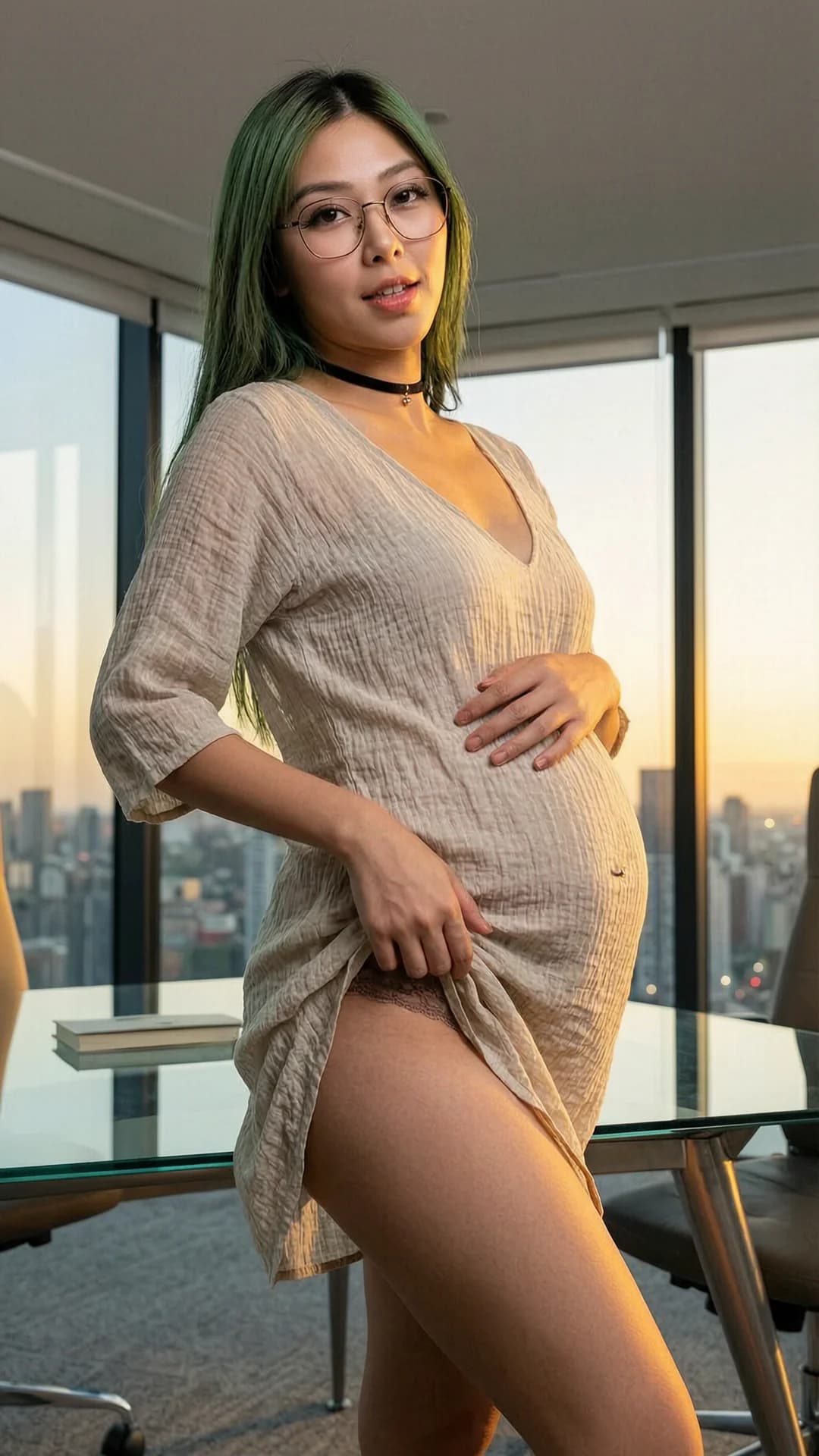 24-year-old skinny Asian woman with long green hair, brown eyes, wearing glasses, belly piercings visible through her light flowy summer dress that clings gently to her swollen pregnant belly, fashionable choker around her neck, standing seductively in a modern office setting with sleek glass desks and large windows revealing a vibrant city skyline at golden hour sunset, soft warm lighting casting glowing golden highlights on her glowing skin and the delicate fabric of her dress, medium close-up from low side angle with strict eye-level POV, her lithe body turned slightly toward the camera in a teasing pose with one hand resting possessively on her rounded pregnant belly emphasizing its firm swell and the other hand lifting the hem of her dress to reveal her toned smooth thighs and subtle hint of lace panties, hips cocked provocatively to accentuate her narrow waist and flared hips, perky small breasts subtly accentuated by the dress's thin fabric with natural lift, gentle bounce, and faint sheen from office air conditioning on her taut skin, intense upward eye contact with playful seductive lust, lips parted in sultry invitation revealing a glimpse of tongue, skin glowing with subtle sheen, realistic texture, and faint pregnancy flush, mood of confident erotic allure blending professional poise with teasing sensuality in the sleek corporate space, body physics showing subtle muscle tension in thighs and core, soft skin taut over pregnant belly with visible navel piercing glinting. Flawless anatomy, no extra digits, no extra limbs, realistic skin texture, high-detail.