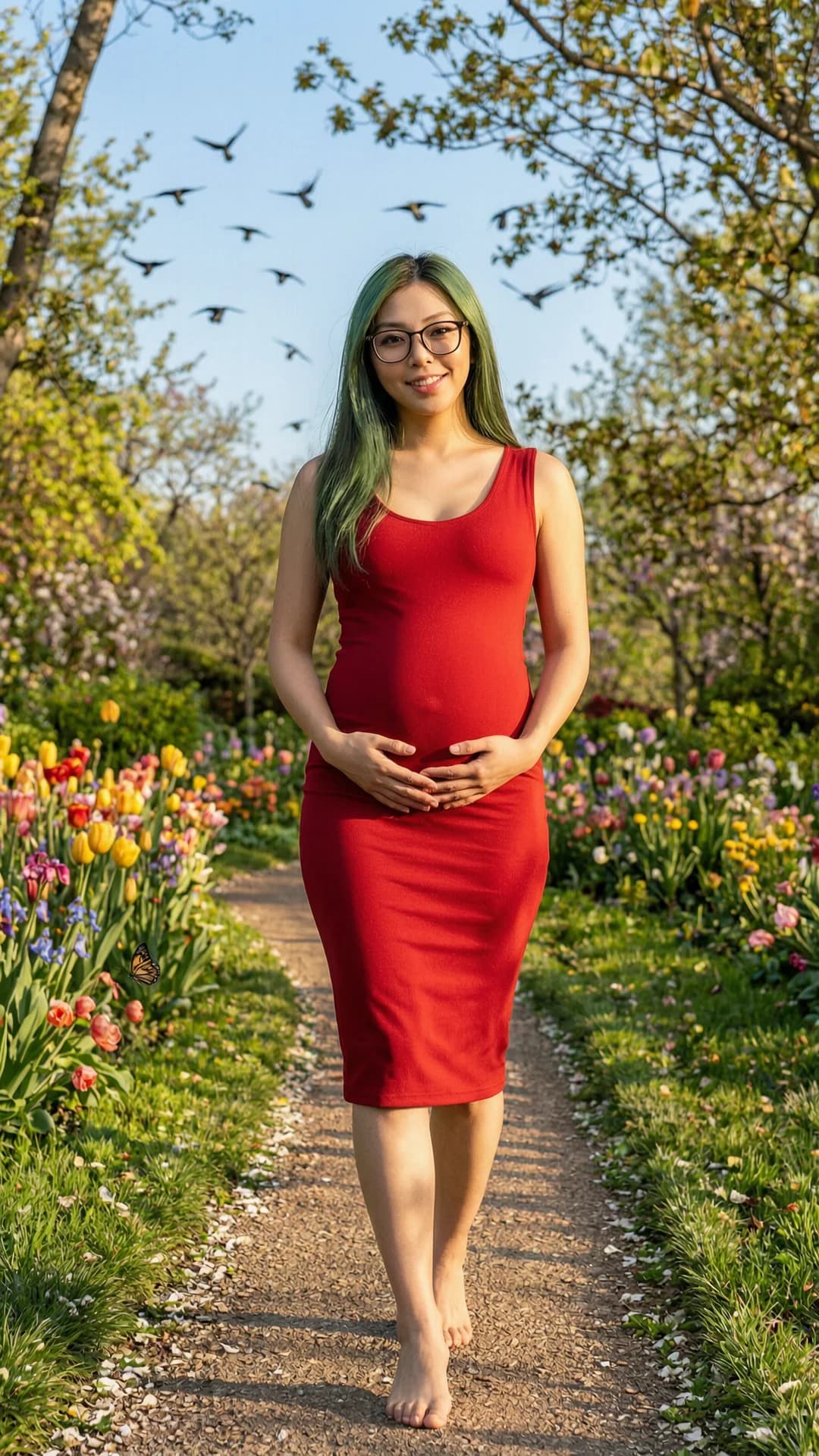 24-year-old skinny Asian woman with long green hair and brown eyes wearing glasses and a form-fitting elegant red dress that accentuates her pregnant belly with visible belly piercings, walking gracefully along a winding path in a vibrant spring park filled with colorful blooming flowers and lush greenery, birds soaring dynamically in the bright blue sky background, a delicate butterfly barely visible perched on a nearby flower, medium wide shot from a low three-quarter angle capturing her full body in motion with one leg forward in mid-stride, hips swaying naturally, hands gently cradling her swollen pregnant belly, direct upward eye contact with the viewer conveying serene joy and maternal glow, soft golden hour sunlight filtering through trees casting warm dappled shadows and highlighting the silky sheen on her taut skin and the elegant drape of her dress over her firm round breasts and protruding belly, subtle body physics with gentle breast bounce from her steps, smooth muscle tension in her slender legs, radiant skin texture with a light natural glow, realistic style, flawless anatomy, no extra digits, no extra limbs, realistic skin texture, high-detail.