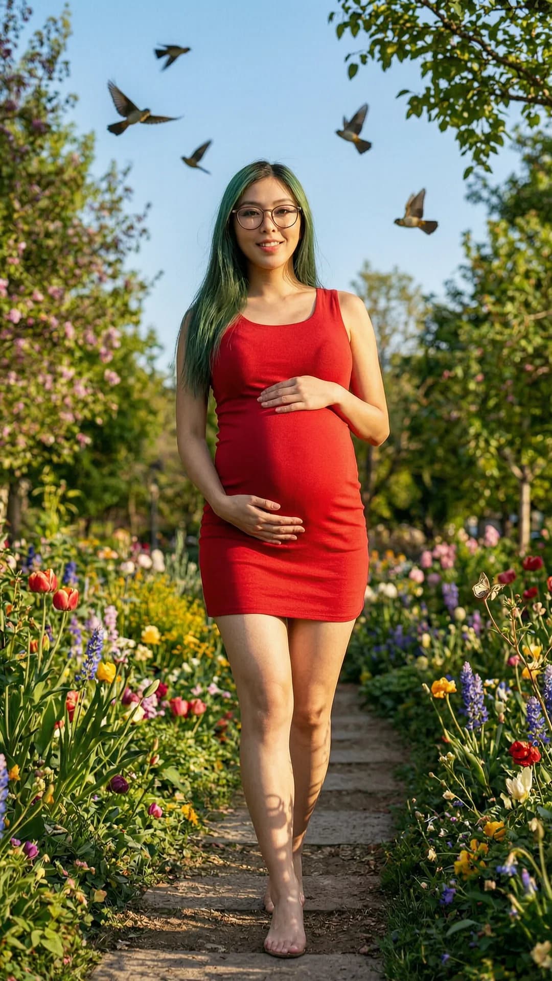 24-year-old skinny Asian woman with long green hair and brown eyes wearing glasses and a form-fitting elegant red dress that accentuates her pregnant belly with visible belly piercings, walking gracefully along a winding path in a vibrant spring park filled with colorful blooming flowers and lush greenery, birds soaring dynamically in the bright blue sky background, a delicate butterfly barely visible perched on a nearby flower, medium wide shot from a low three-quarter angle capturing her full body in motion with one leg forward in mid-stride, hips swaying naturally, hands gently cradling her swollen pregnant belly, direct upward eye contact with the viewer conveying serene joy and maternal glow, soft golden hour sunlight filtering through trees casting warm dappled shadows and highlighting the silky sheen on her taut skin and the elegant drape of her dress over her firm round breasts and protruding belly, subtle body physics with gentle breast bounce from her steps, smooth muscle tension in her slender legs, radiant skin texture with a light natural glow, realistic style, flawless anatomy, no extra digits, no extra limbs, realistic skin texture, high-detail.